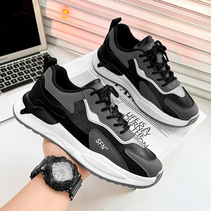Men casual sports shoes, flat stringed outdoor sports shoes, non-slip, wear-resistant and comfortable PU leather large