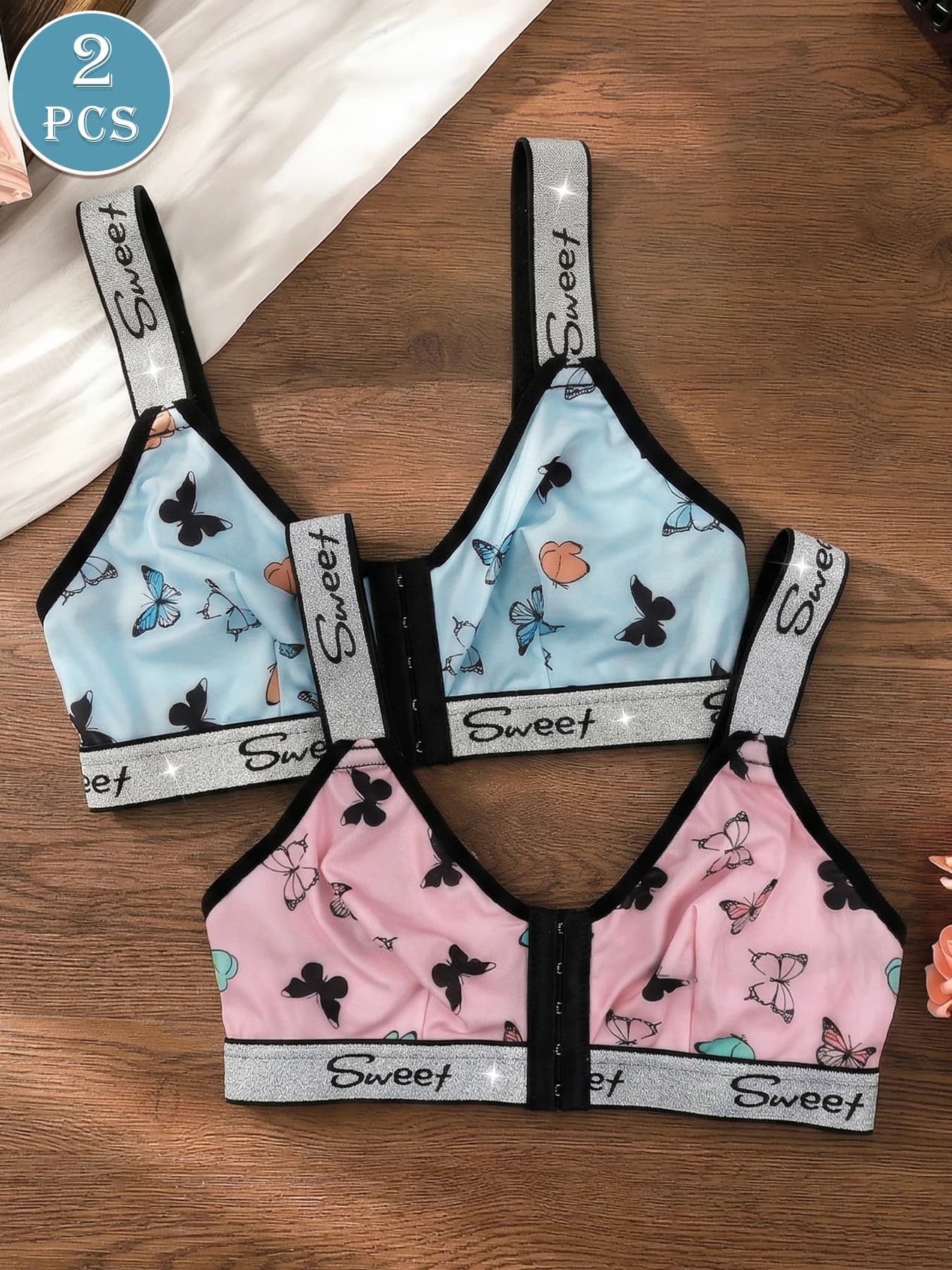Reggiseno senza cuciture con stampa a farfalla in 2 pezzi, con fibbia frontale, senza anello in acciaio, spalline larghe, comoda biancheria intima da donna