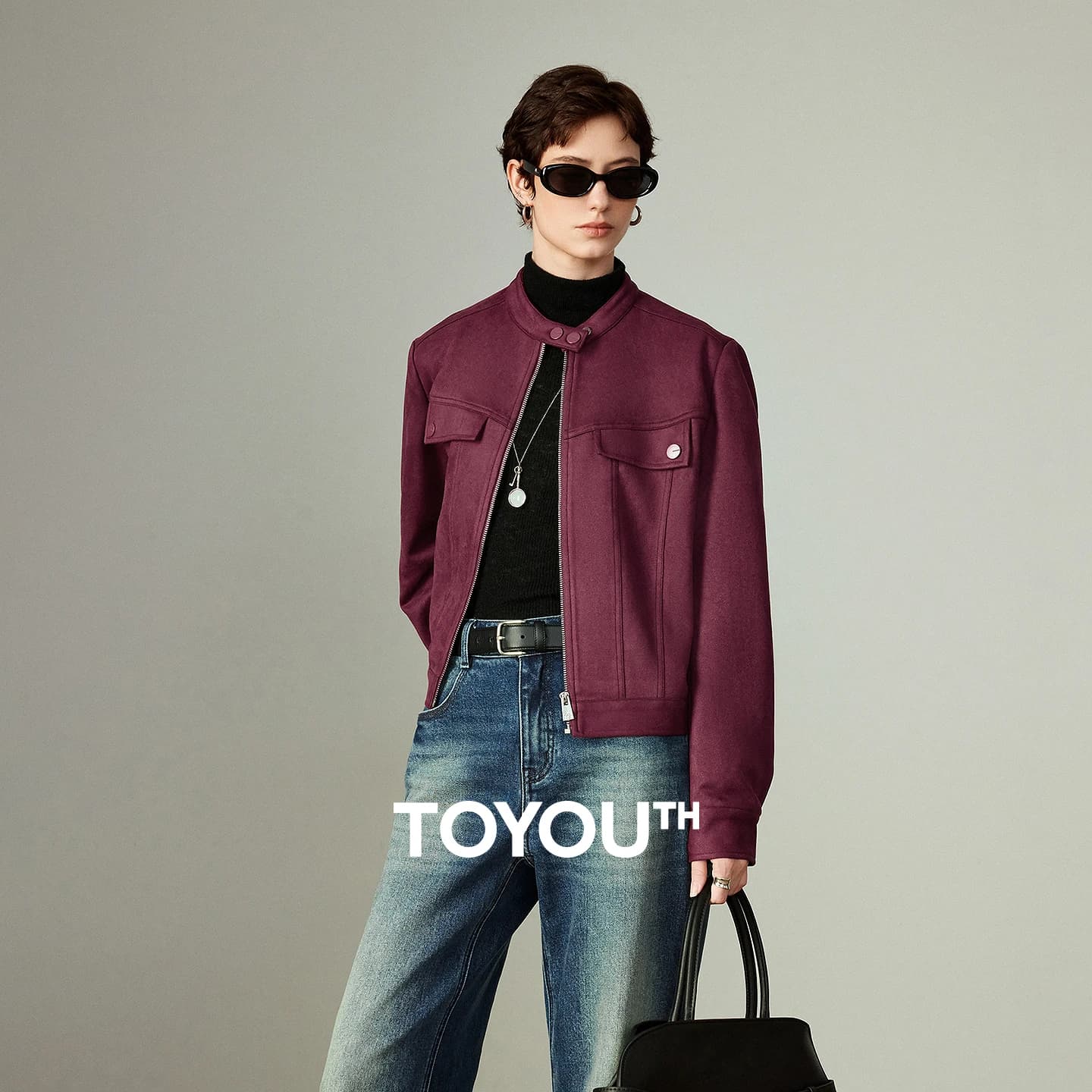 TOYOUTH Women Jackets 2025 Winter New Zipper Stand-up Collar Suede Retro Light Blue Outerwear