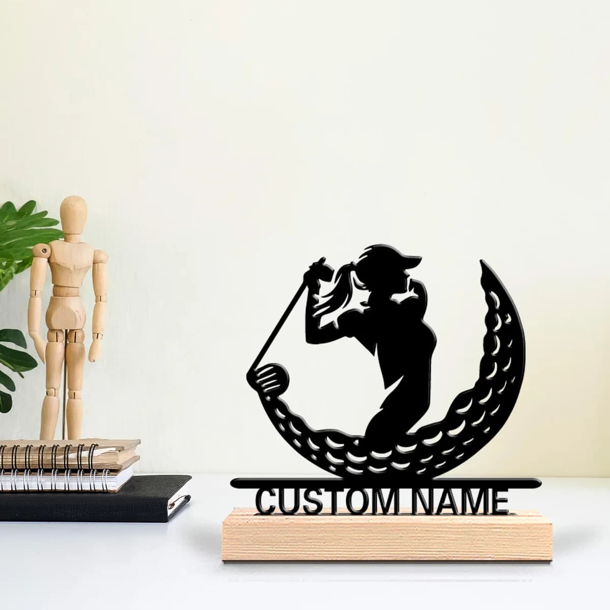 1 statuetta in metallo personalizzata a forma di pallina da golf, con cornice in legno, decorazione da parete per soggiorno, camera da letto, casa in stile eclettico e mistico.