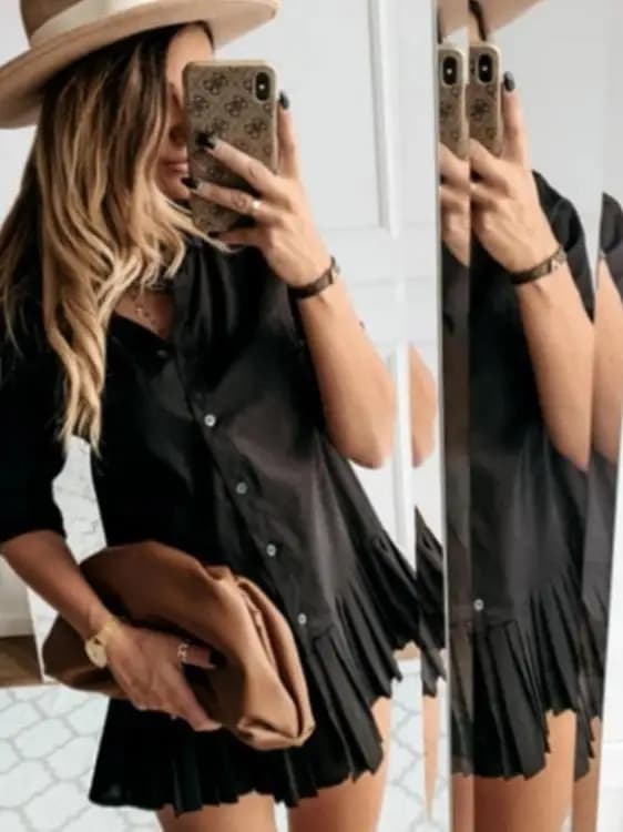Camicia Plissettata da Donna, Gonna Foderata a Maniche Lunghe, Tessuto Non Elasticizzato, Colore a Blocchi, Produttore Cinese, Collezione Invernale