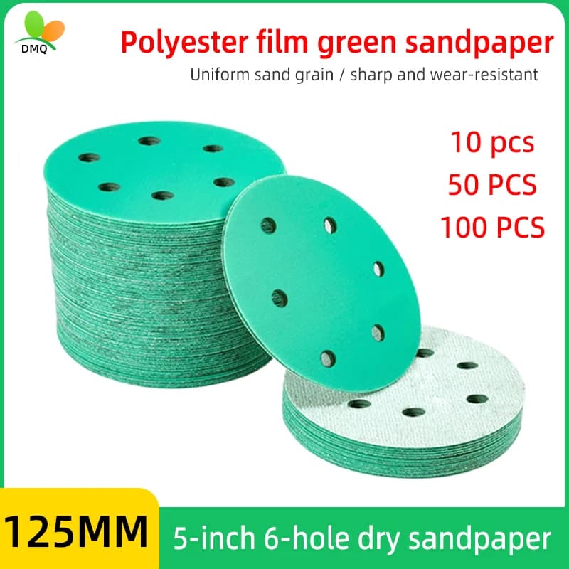 Carta vetrata a secco da 5 pollici a 6 fori Carta vetrata verde con disco floccato da 125 mm per lucidatura di mobili per auto Carta vetrata autoadesiva grana 80-400