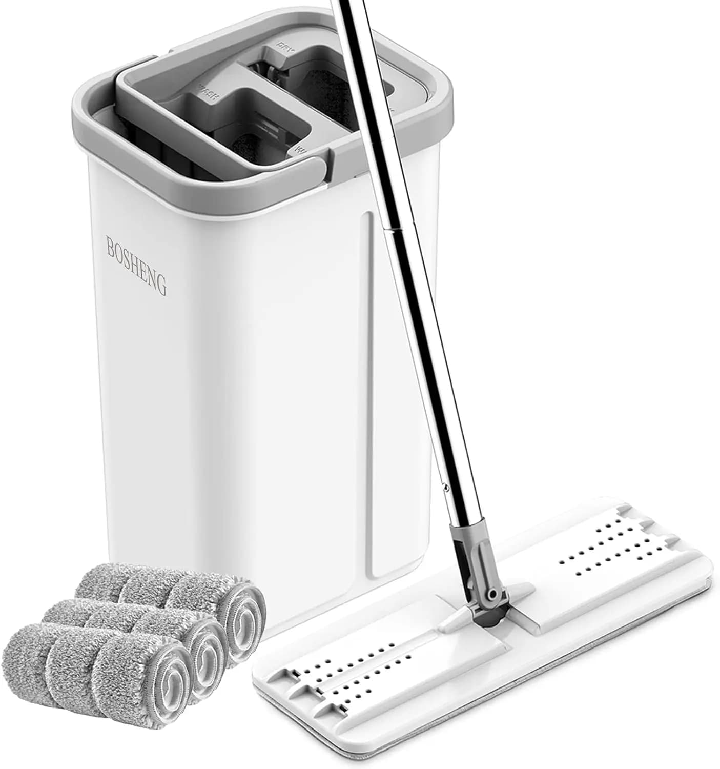 Set Mop Hand-free Plate with Bucket and Wiper, 3 Microfiber Benches Cleaning Washables for Wet/dry on All Floors and Windows
