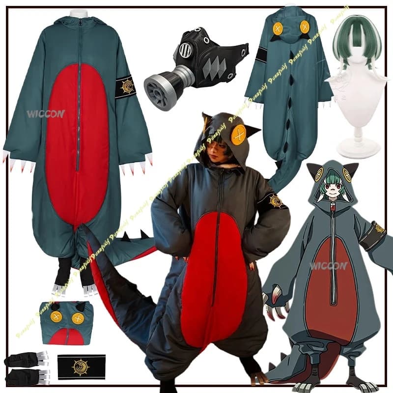 GACHIAKUTA Gita Hebi Fantajia Anime Cosplay Costume Set Completo Invernale da Uomo Verde Caldo con Parrucca, Maschera e Pigiama per Feste