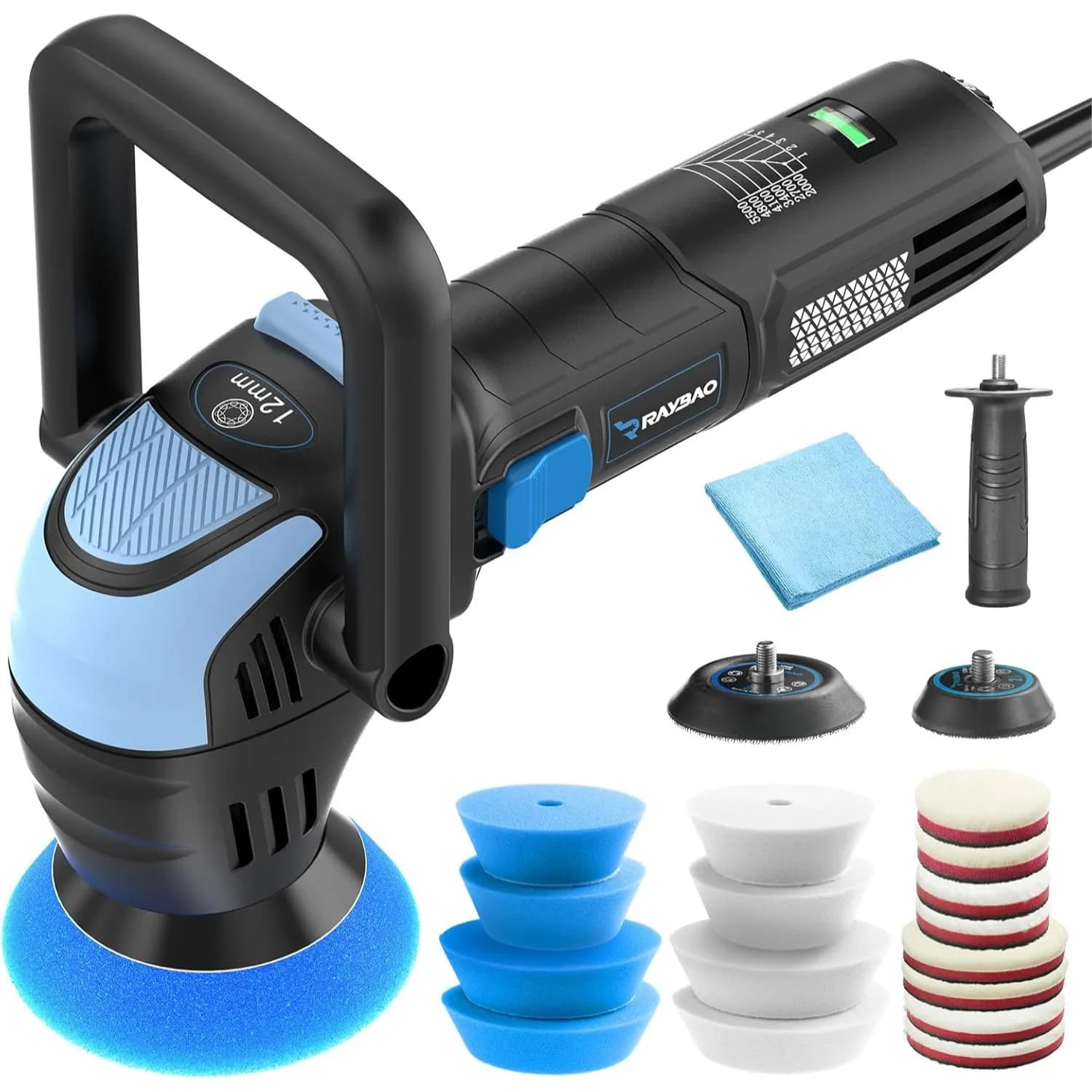 Mini Lucidatrice Rotorbitale da 2 e 3 Pollici 750W per Auto, con Orbita Casuale da 12mm, 16 Tamponi e Cavo da 5 Metri per Detailing e Lucidatura Auto