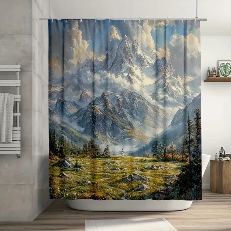 Tenda da doccia con paesaggio di montagna 1 pezzo, fibra di poliestere resistente, lavabile in lavatrice, ideale per l'arredamento del bagno e della vasca da bagno