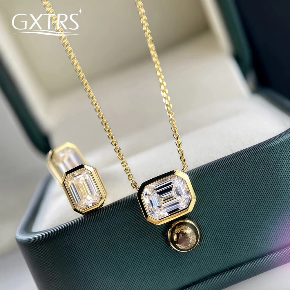GXTRS 1CT Emerald Cut Moissanite S925 Silver Jewelry Sets For Women Fashion Necklace Earring Lab Diamond Fine Jewelry Certified