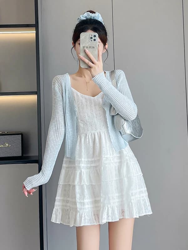 Summer New Style Women's Chic Sunscreen Knitted Cardigan And Tube Dress Two-Piece Set Soft First Love Fashionable Short Sleev...