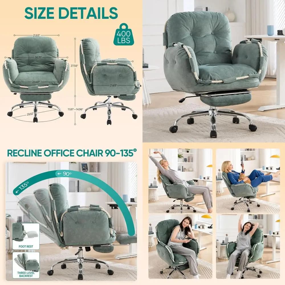 Sedia da Ufficio Ergonomica con Poggiapiedi, Braccioli Regolabili e Reclinazione Confortevole per Donne, Verde