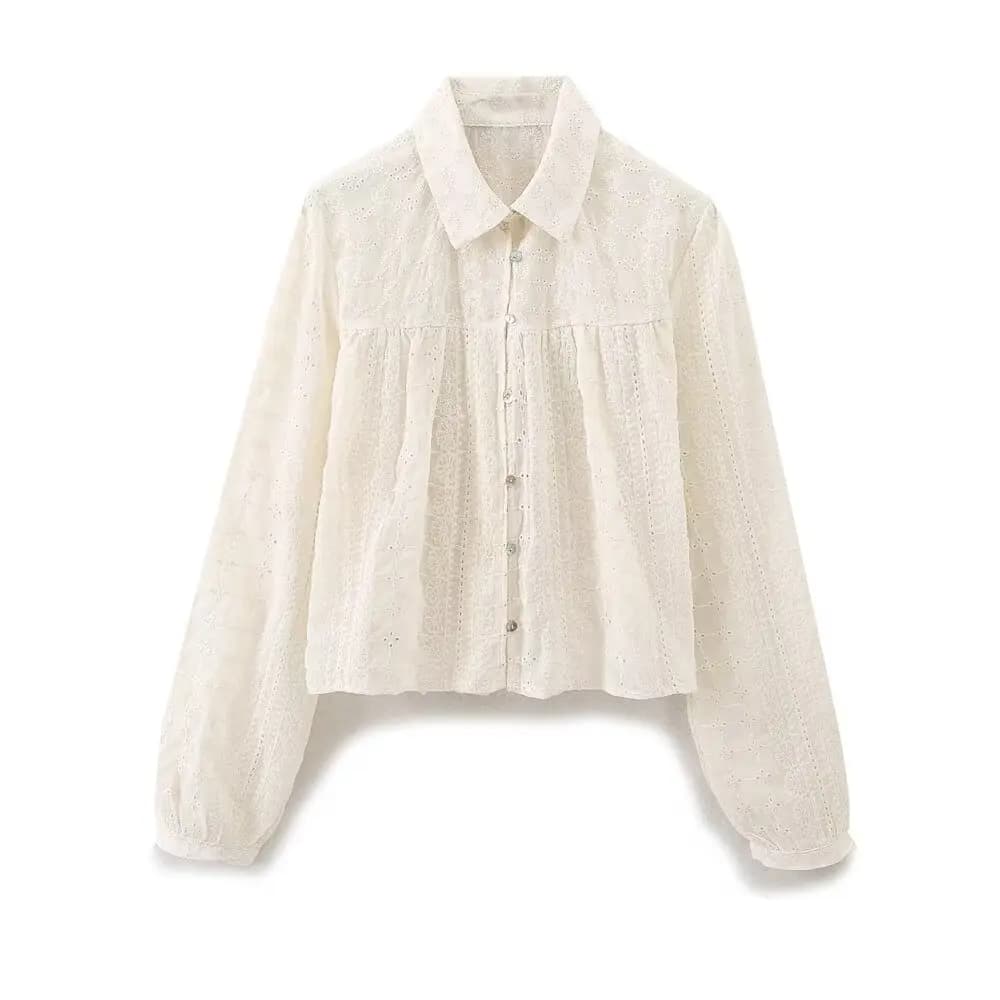 2025 DONNA Autunno e Inverno New Fashion Miniscuit Camicia ricamata cava Chic Bottone con risvolto All-Match Top Camicette Mujer