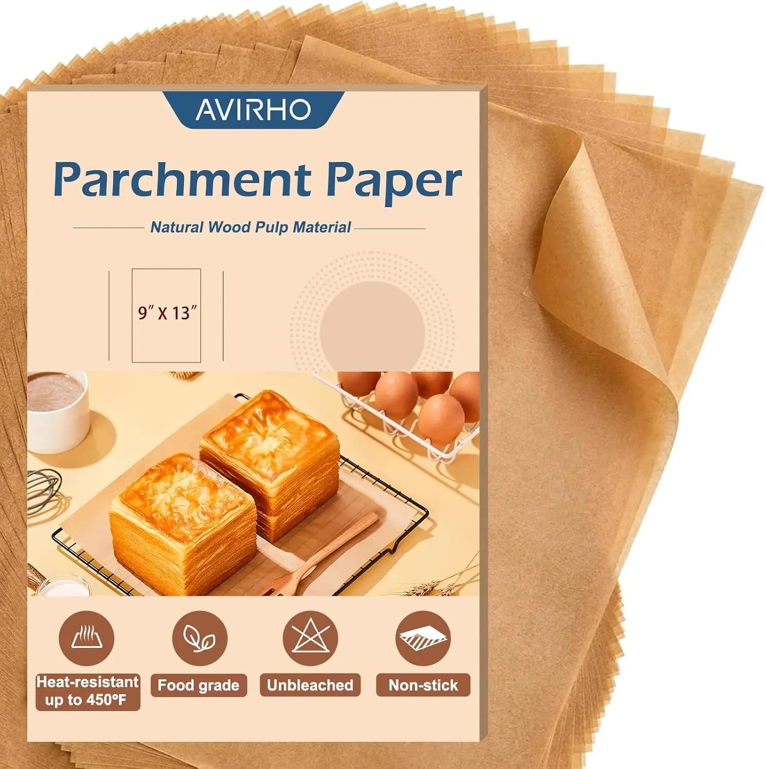 Parchment Paper Sheets 9x13 Inch – 70Pcs Precut Unbleached Baking Paper, Plant-Based Silicone Coating, Non-Stick Quarter Sheet Liner for Air Fryer, Oven, Cookies, Bread & Cake