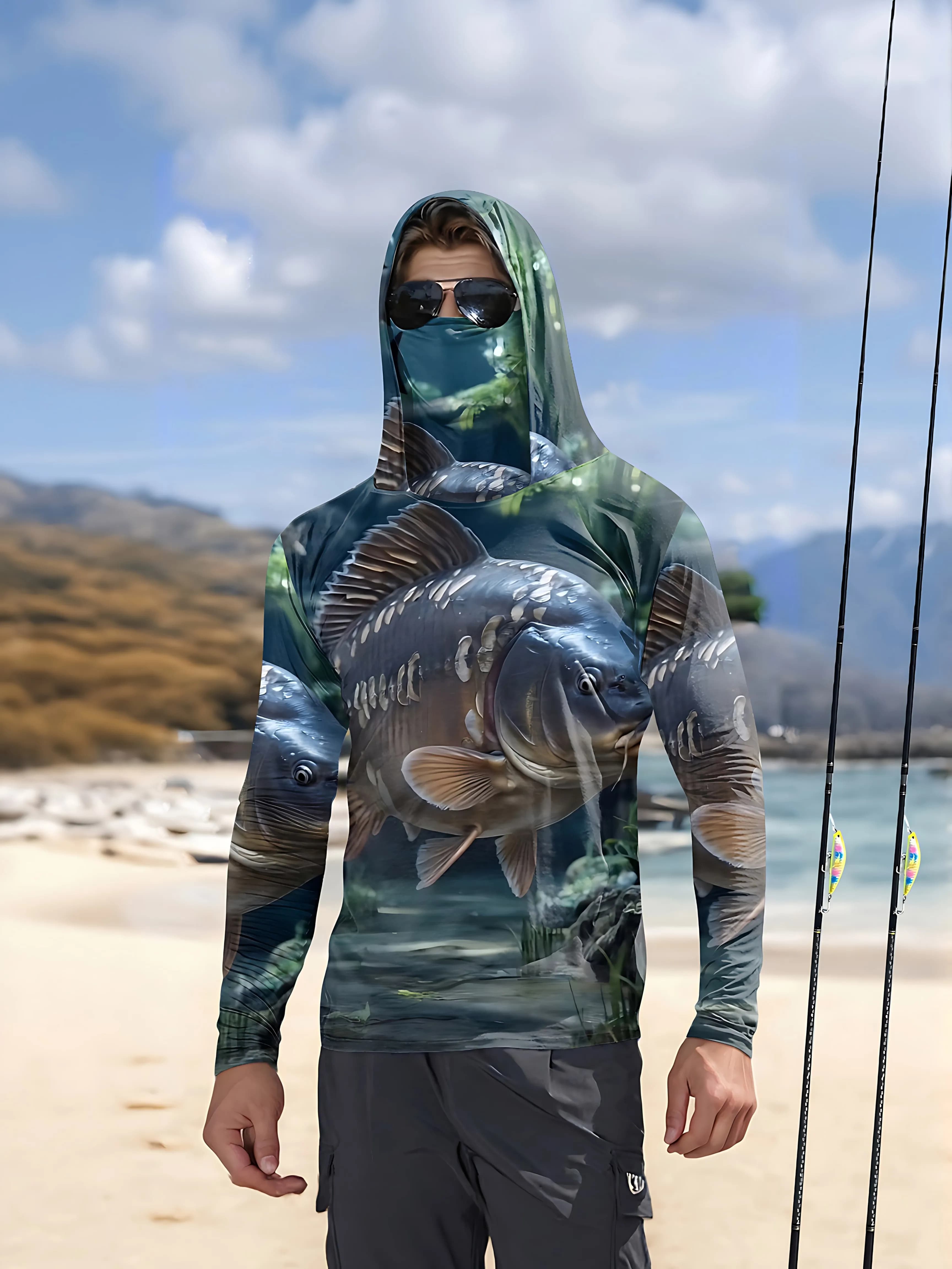 T-shirt a maniche lunghe da uomo con protezione solare, giacca con cappuccio, maschera protettiva, top a maniche lunghe per esterni in un unico pezzo