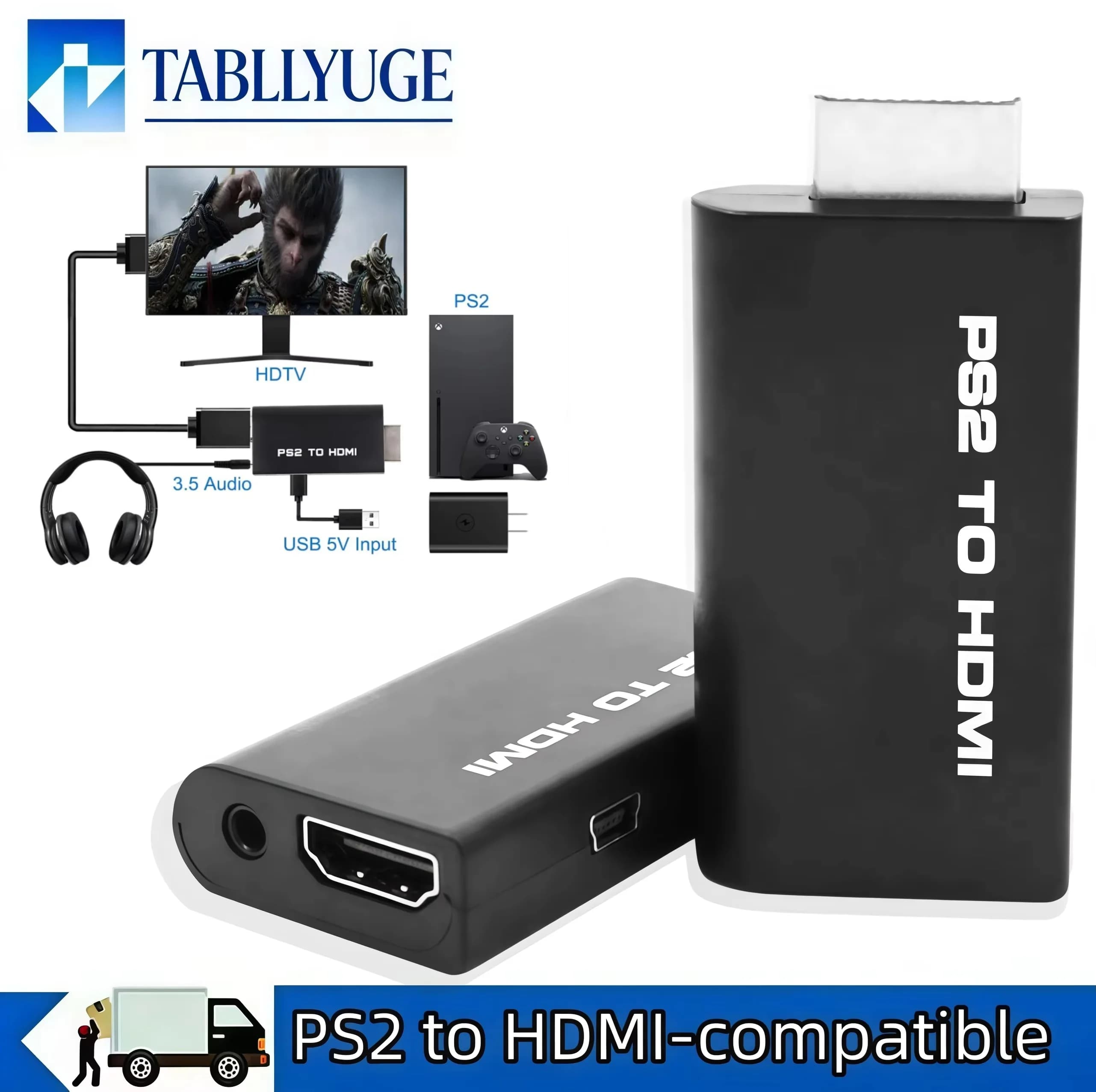 Full 1080P Full Video Audio Converter Adapter compatible with PS2 to HDMI 480i/480p/576i with 3.5 mm audio output for all PS2 display modes