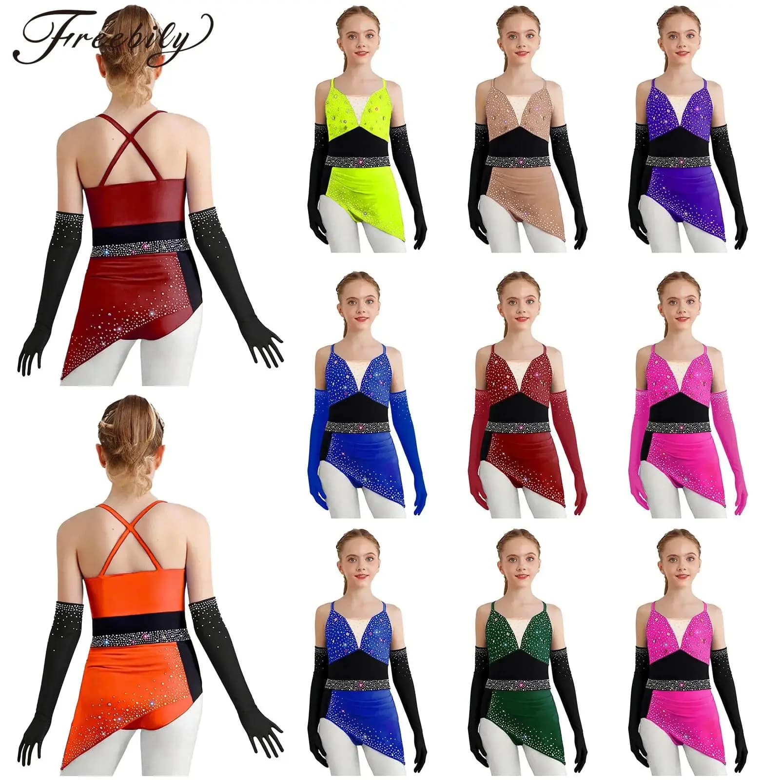 Abito da danza lirica per ragazze con spalline sottili, strass, blocchi di colore, arricciature e design asimmetrico, per pattinaggio artistico, con guanti