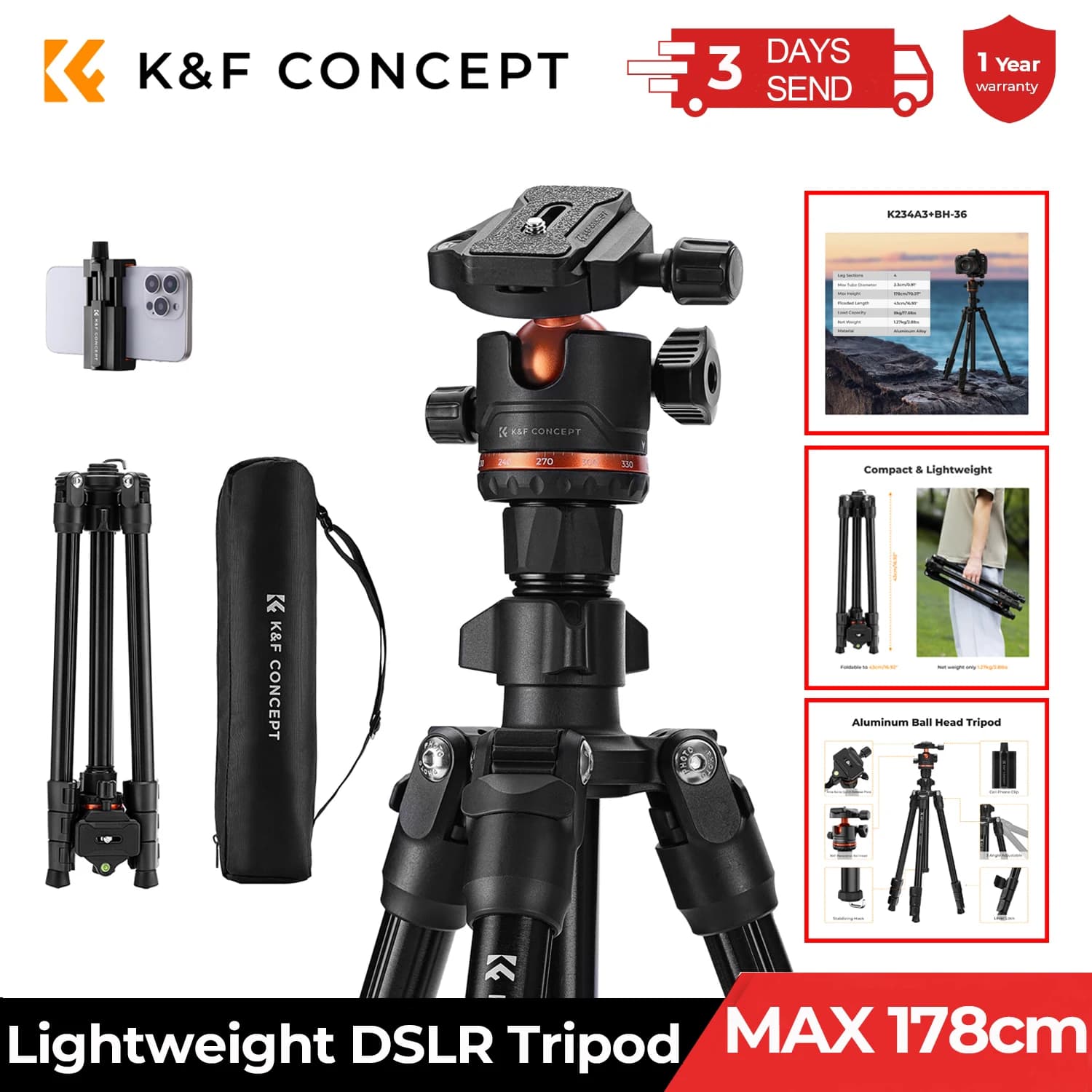 K&F CONCEPT Treppiede per Fotocamera 178cm con Clip per Cellulare, Leggero per Viaggi e Outdoor, Treppiedi DSLR per Fotocamera e Smartphone, per Streaming Live e Vlog