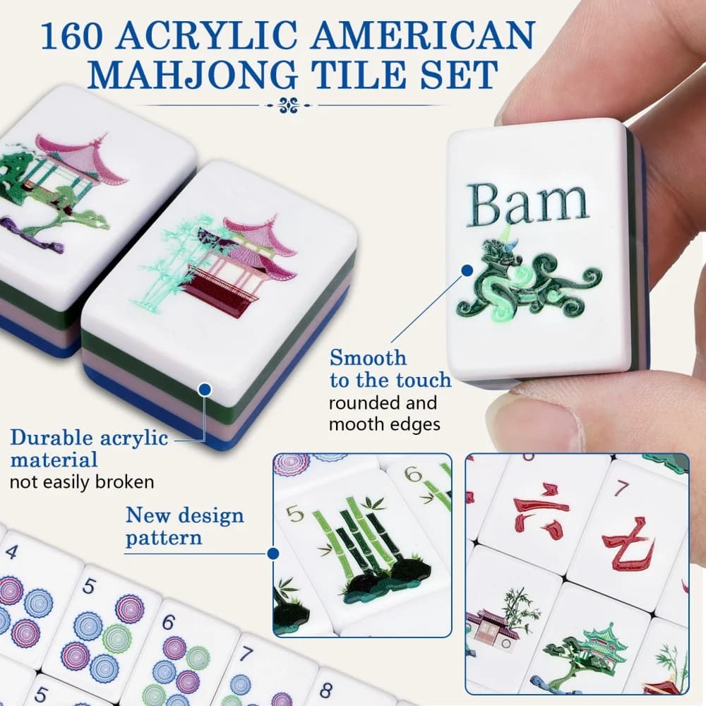 US Stock Luxury Engraved Mahjong Game Set Navy Blue American Mahjong Tiles 4-Layer Acrylic Mah Jongg Sets for Adult Board Games