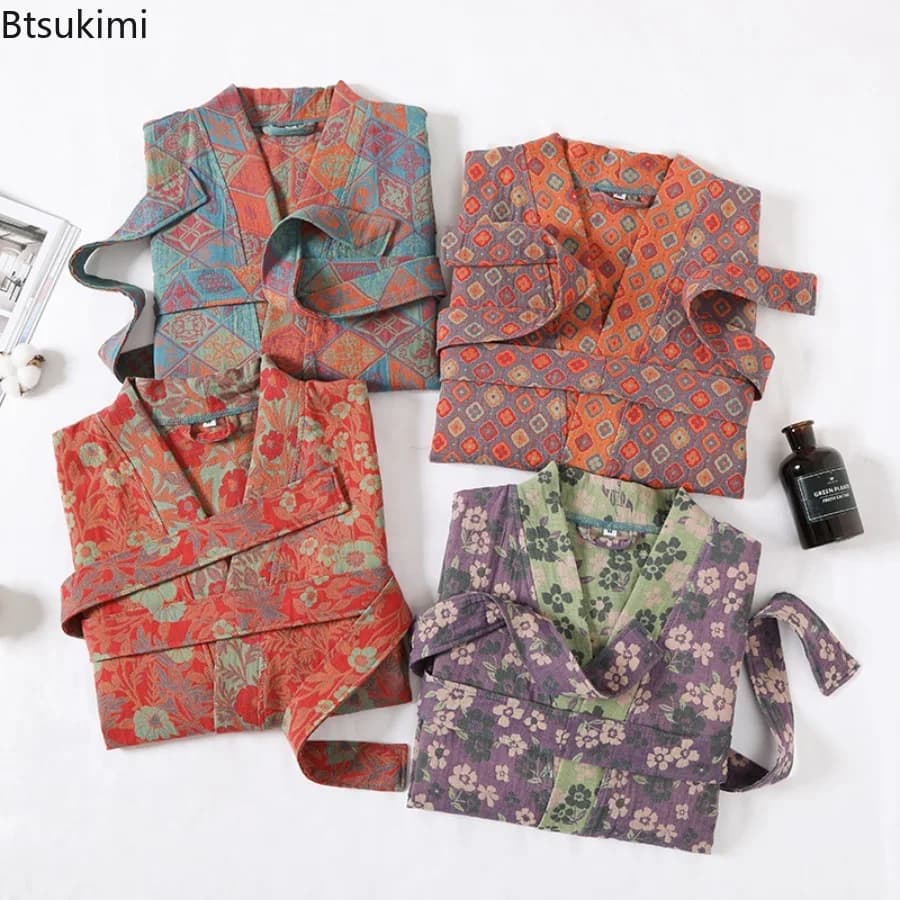 Pure Cotton Double-layer Gauze Bathrobe Spring Summer Sleepwear Home Sleeping Robe Couple's Quick Drying Water Absorbing Yukata