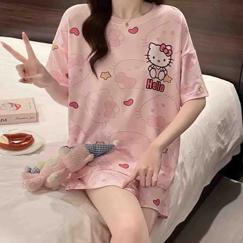 Sanrio Hello Kitty Sleepwear 2-Piece Shorts Short Sleeves Summer Sleepwear Kawaii Cartoon Y2K Comfortable Fashion Home Clothes