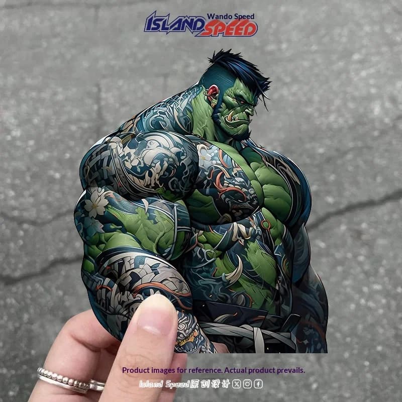 Adesivo Marvel per fumetti e merchandising: Supereroe Hulk muscoloso, decorazione per moto, tram, casco e carrozzeria auto