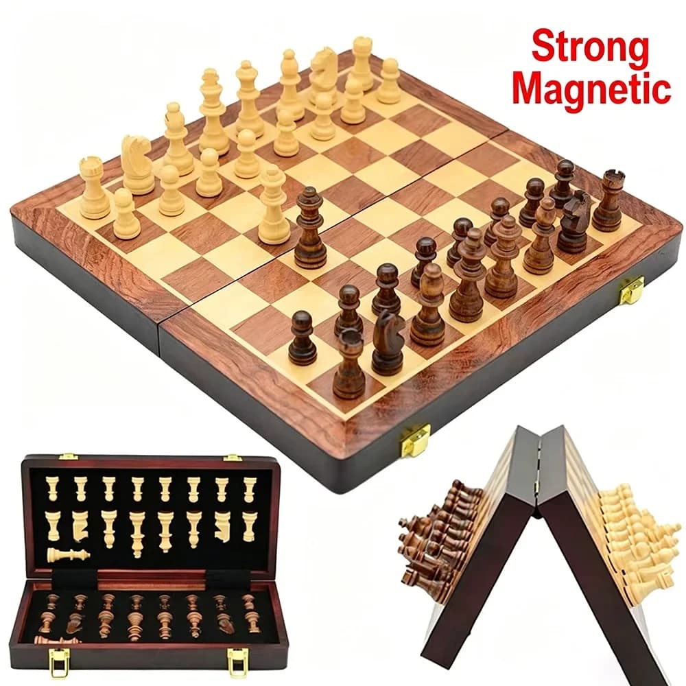 Folding Magnetic Solid Wood Chess Set International Chess Board with Storage Box Professional Tournament Chess Game for Adults