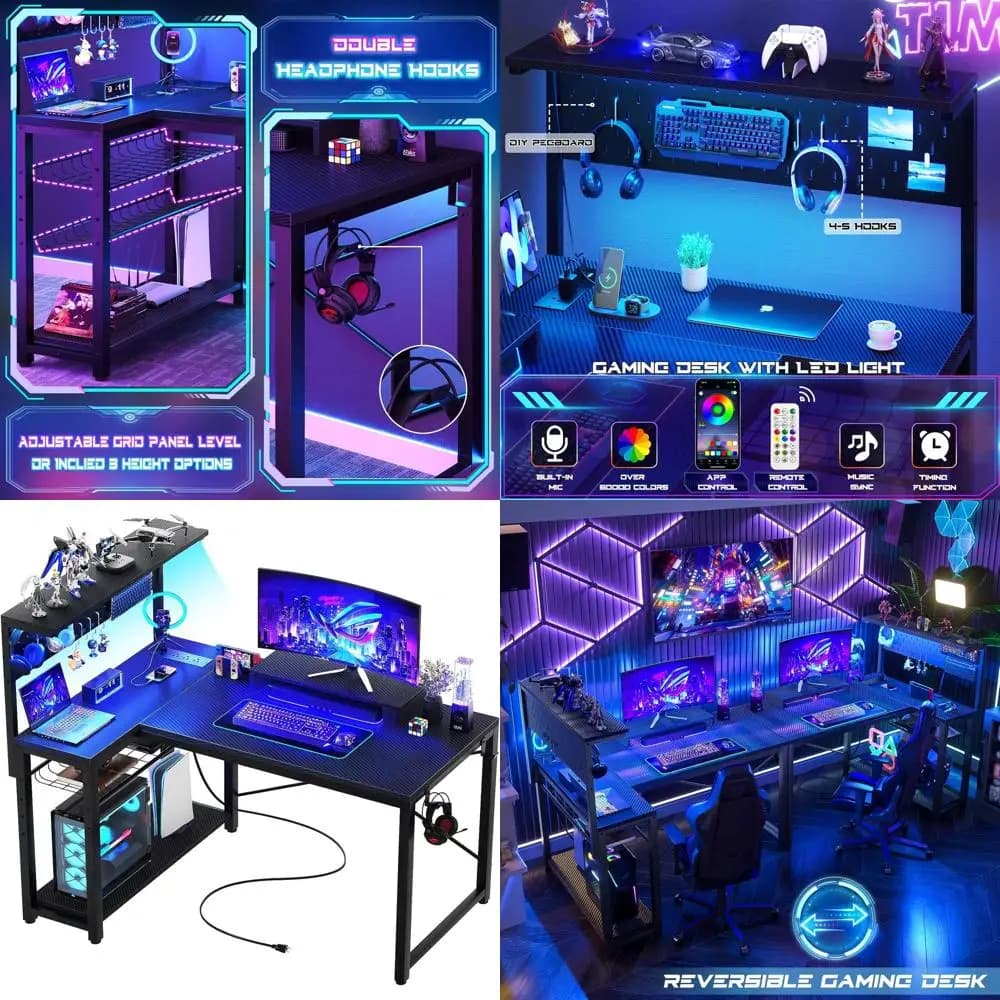 43 Inch L Gaming Desk with LED Lighting, Current Grips, Storage Space and Black Carbon Fiber Headphone Hooks