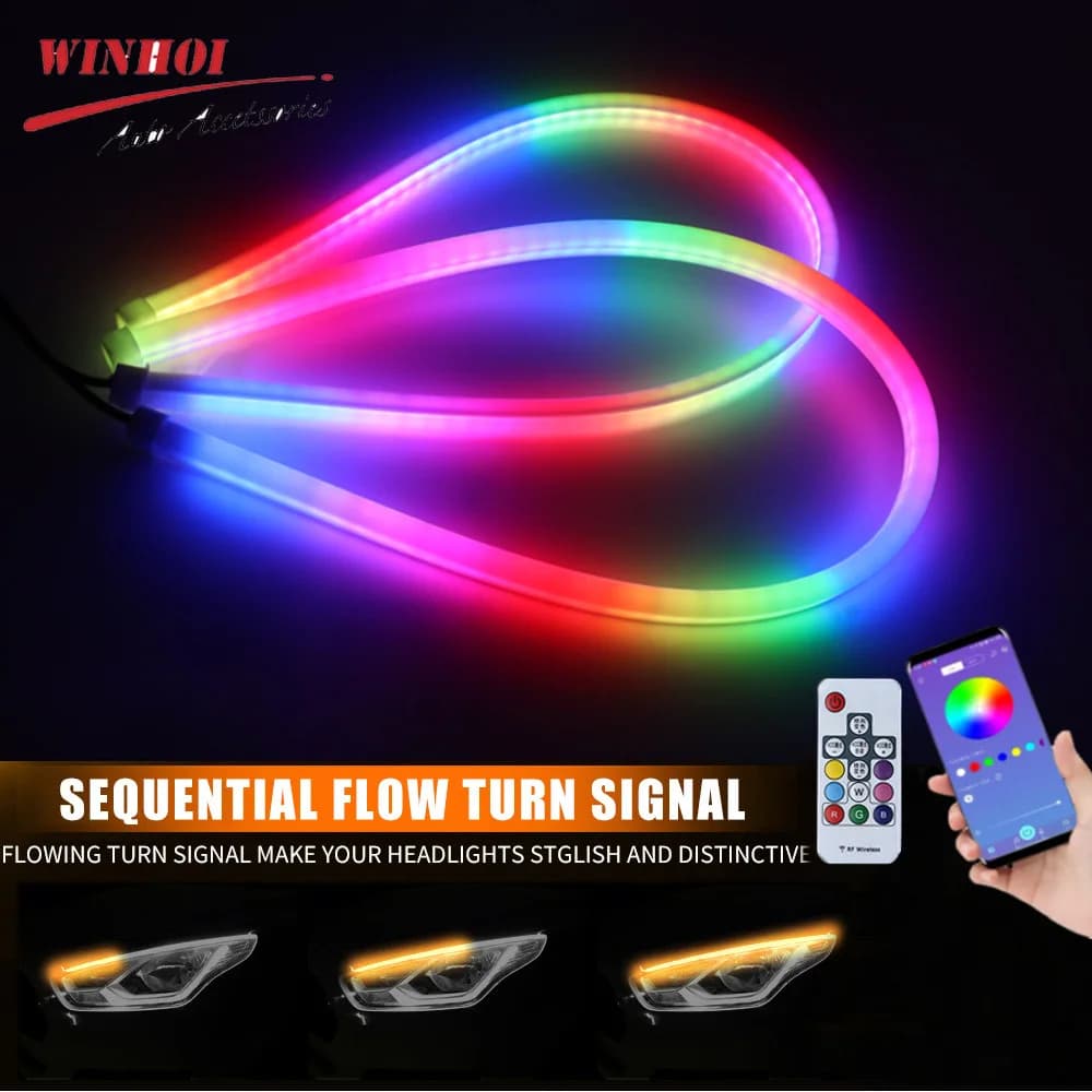 Strisce luminose a LED per auto RGB da 2 pezzi Luci di marcia diurna sequenziali DRL con indicatori di direzione con striscia decorativa flessibile di controllo app