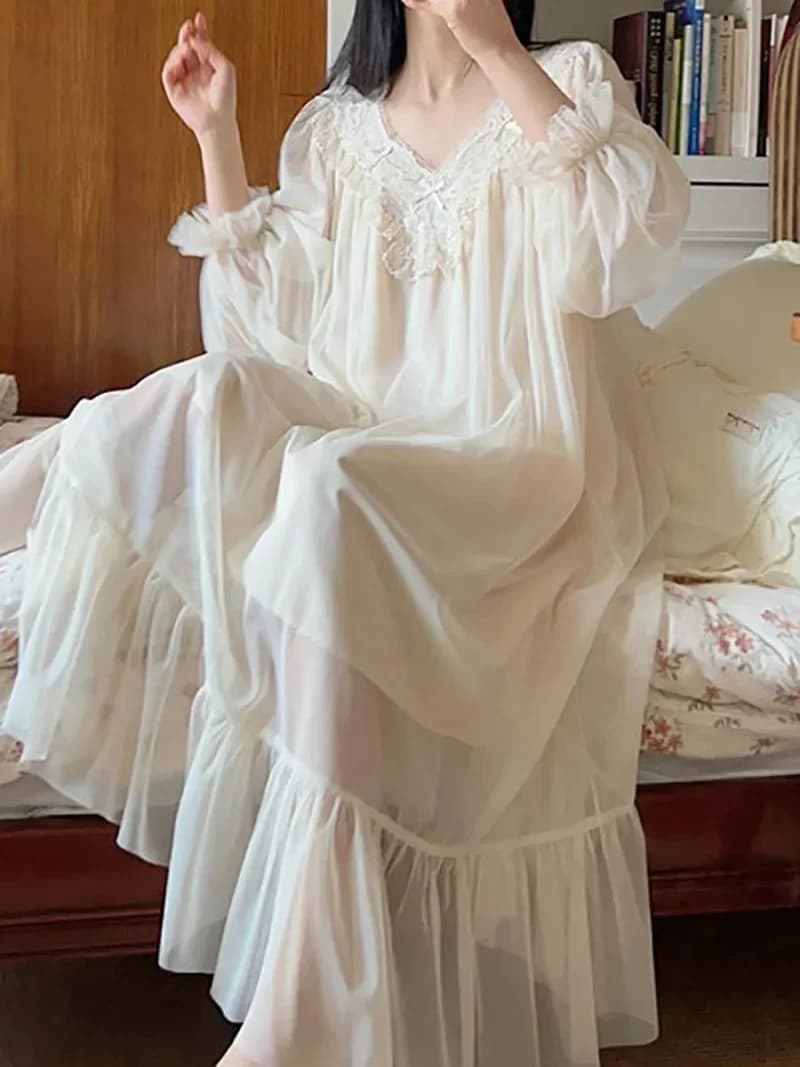Camicia da notte da notte in rete francese Fairy Mist Camicia da notte da donna in puro cotone Abito da principessa con volant Camicie da notte vittoriane romantiche estive
