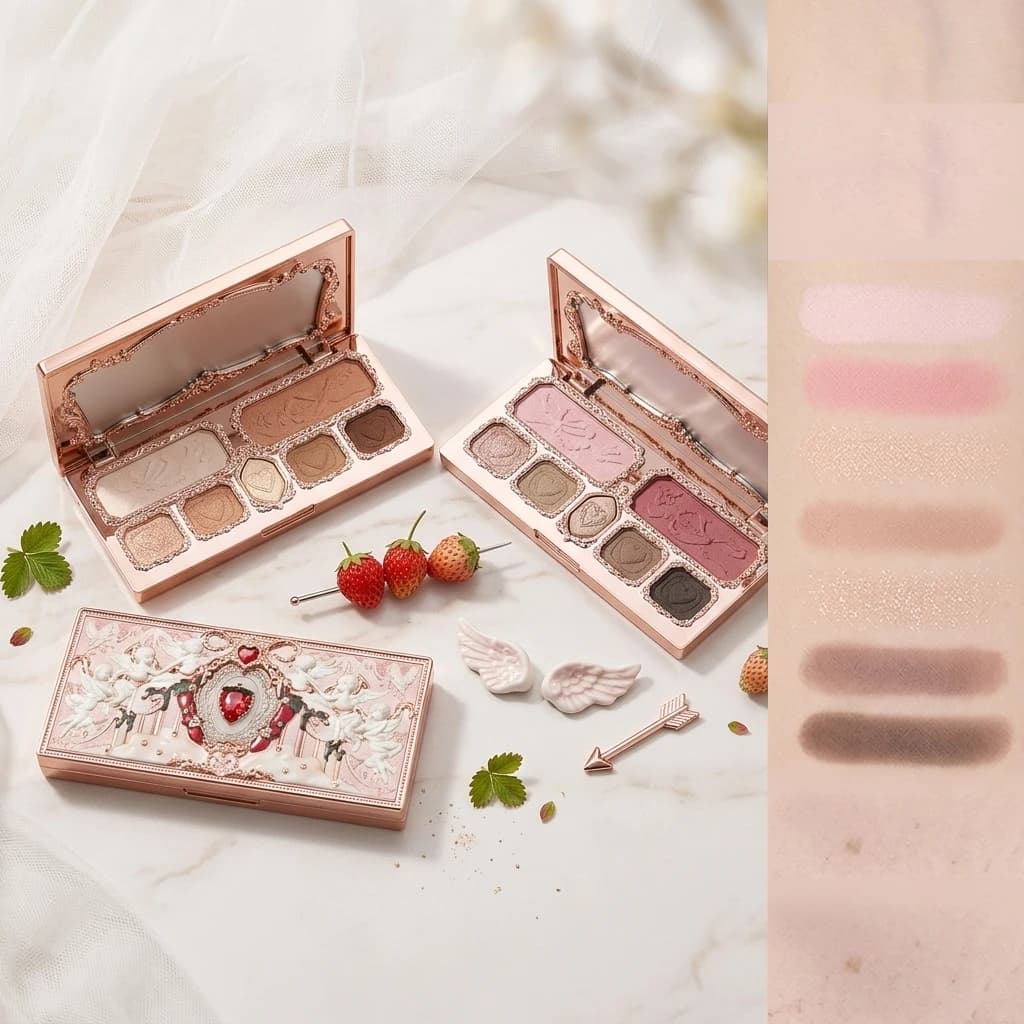 Palette Trucco Flower Knows Strawberry Cupid, 5 Colori Opachi e 2 Shimmer, Lunga Durata, Impermeabile, Blush e Ombretto
