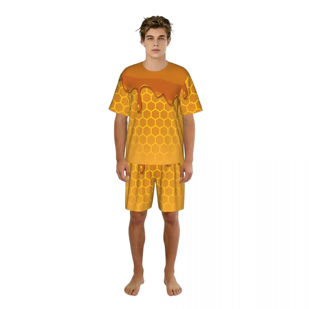 Pigiama casual da uomo, t-shirt a maniche corte, pantaloncini, motivo a nido d'ape, abbigliamento da casa, completo da notte
