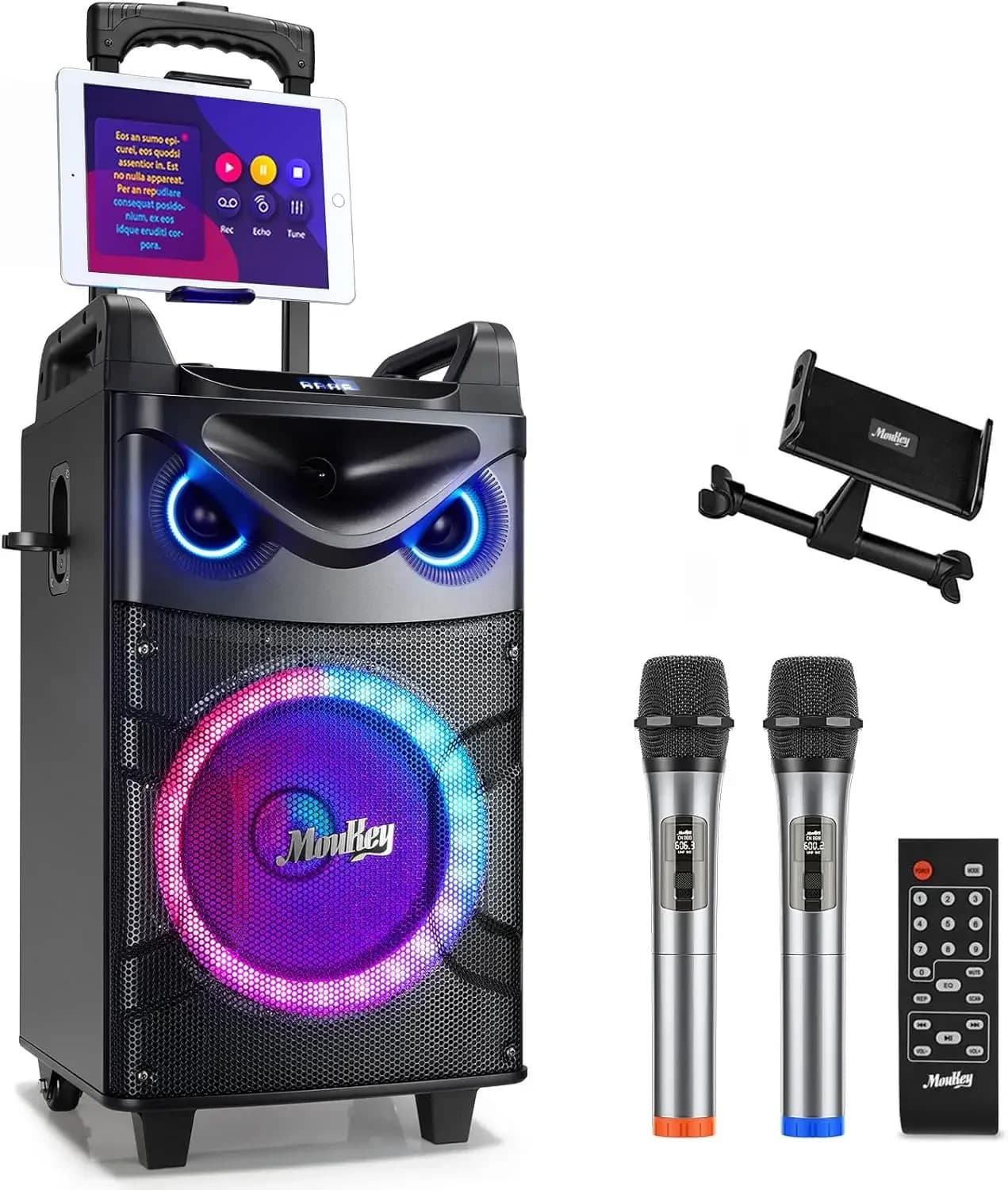 Macchina per Karaoke, Sistema PA Portatile con Woofer da 10'', Altoparlante Bluetooth con 2 Microfoni Wireless, Supporto per Tablet con Display per Testi, Par