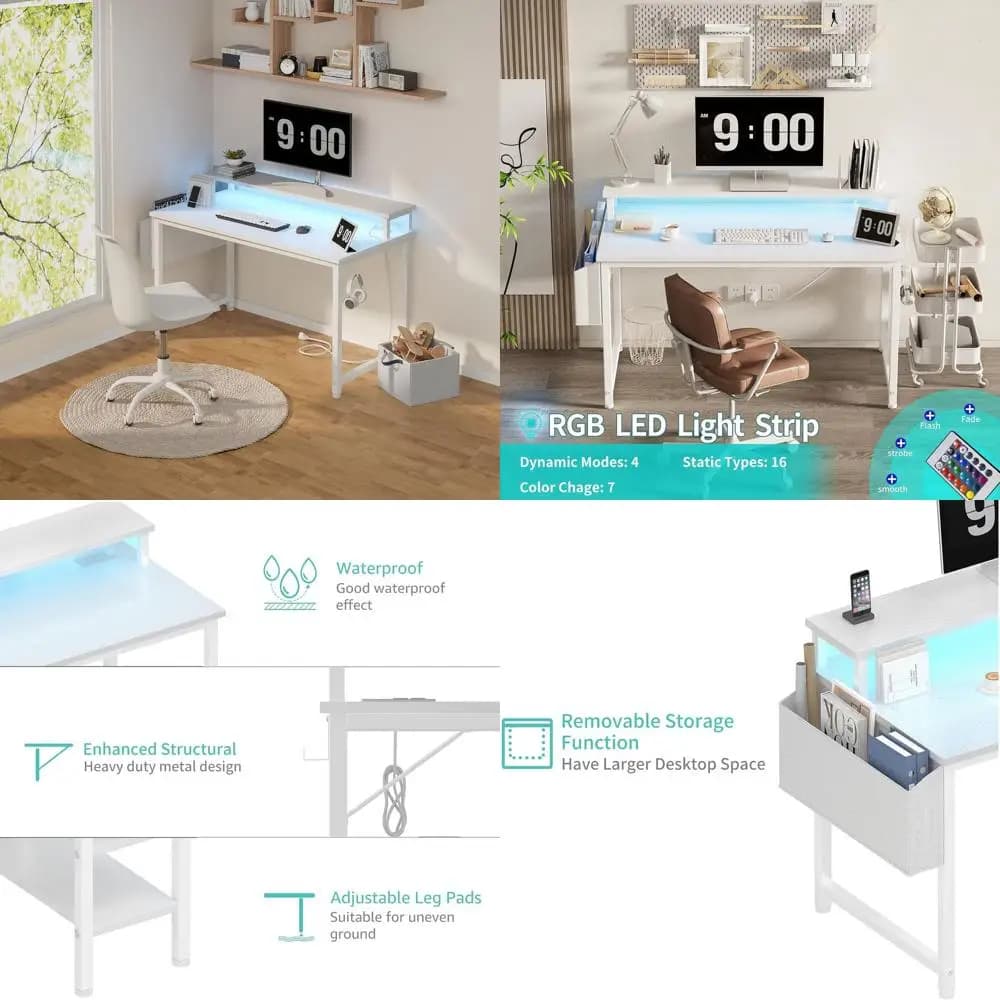 40 inch white computer desk with LED lighting, power sockets, monitor support and home office charging station, studio and games