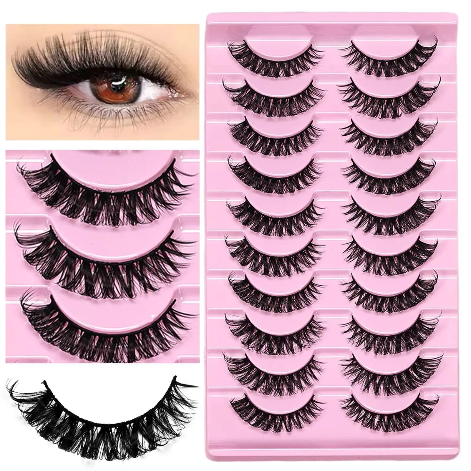 10 Paia di Ciglia Finte Drammatiche Effetto Occhio di Gatto, Curvatura D, Stile Russo, Voluminose e Soffici per Trucco