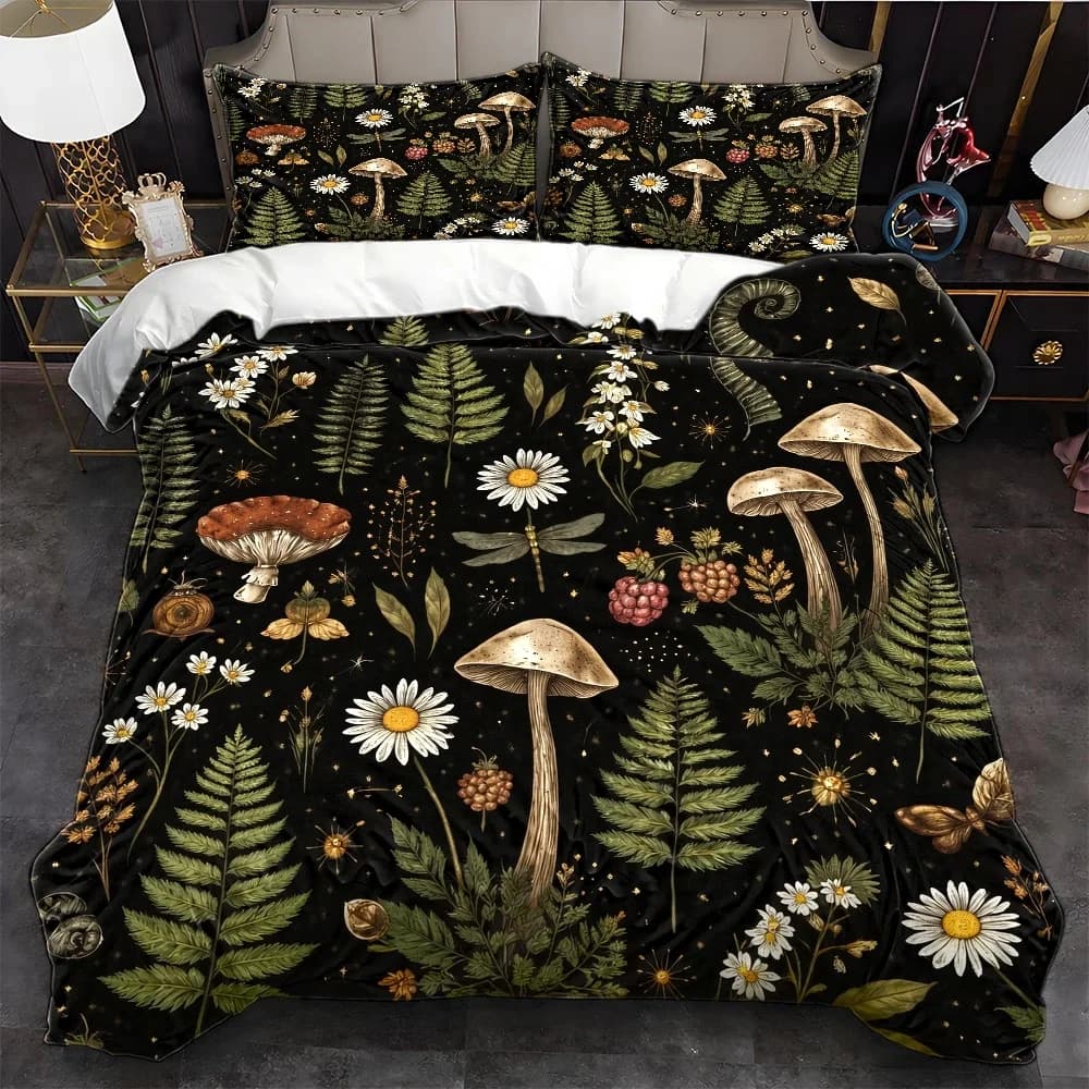 3Pc Forest-Style Mushroom, Floral, and Fern Plant Print Duvet Cover Set, Three-Piece Bedding Set (1*Duvet Cover + 2*Pillowcases), Suitable for All Seasons, Machine Washable, Invisible Zipper Design, Large Double Bed Cover, Suitable for Home, Dormitory, Master Bedroom, Guest Room, Vintage Natural Style Bedding Set, Ins-Style Plant-Themed Bedding, Exclusively for Bedroom Bedding Sets, 2D Flat Print