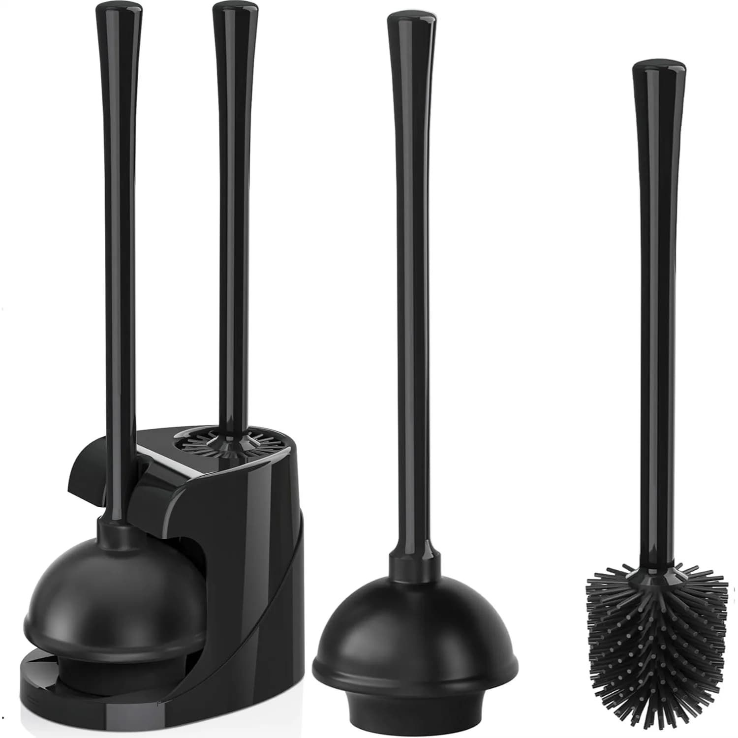 Set di sturalavandini e spazzola per WC, spazzola in silicone con supporto per scarichi da 5,7 pollici, combo 2-in-1 con supporto (Nero)