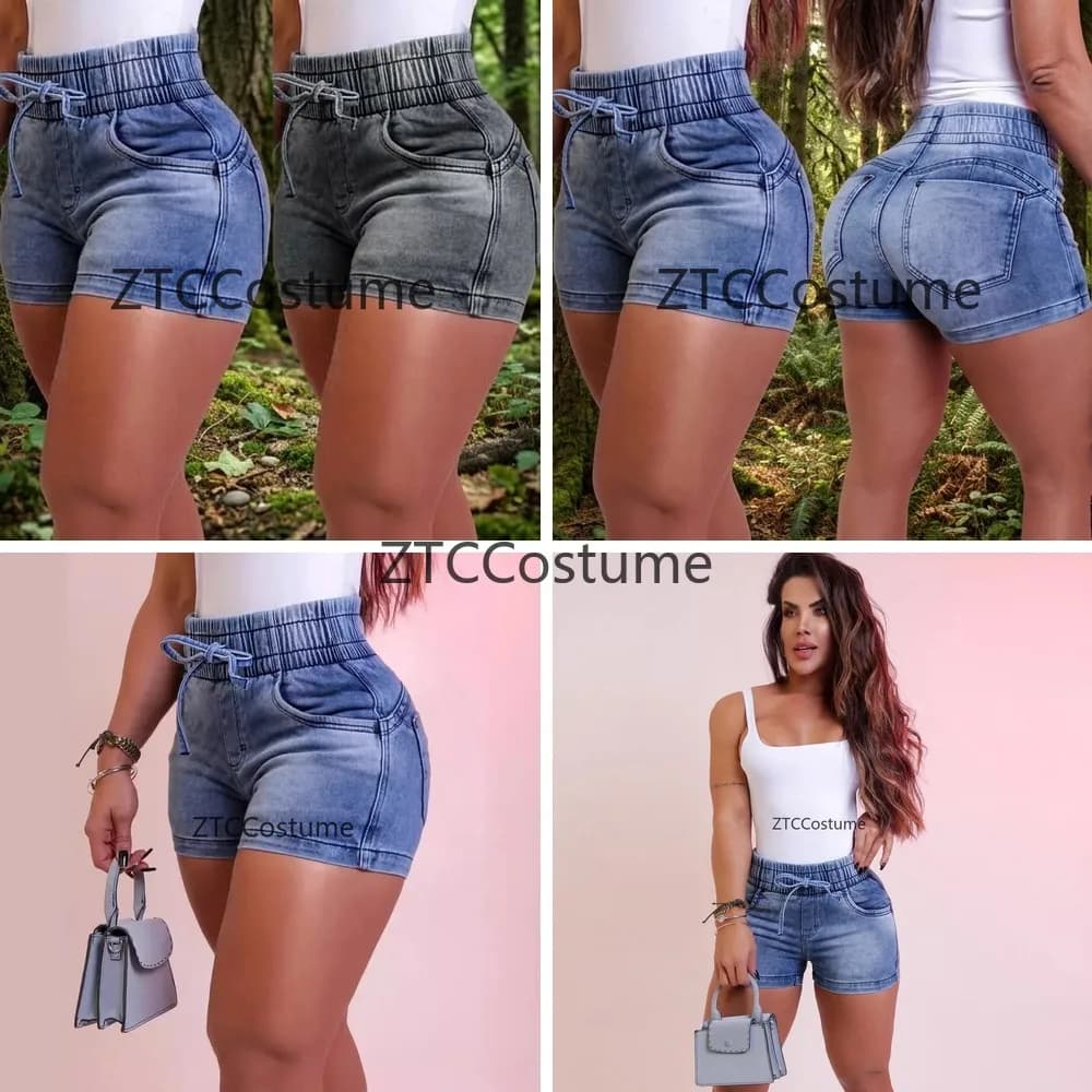 Shorts in Denim da Donna per Cosplay, Vita Alta, Sexy, Aderenti, Elasticizzati, Plissettati, Estivi con Coulisse e Tasche