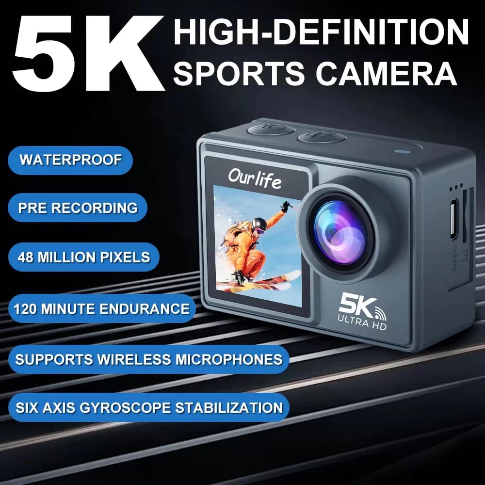 Ourlife MTR40 5K Action Camera 2" IPS Touch Screen 5X Zoom Action Cam 170 ° Waterproof WiFi 30M sports camera with remote control