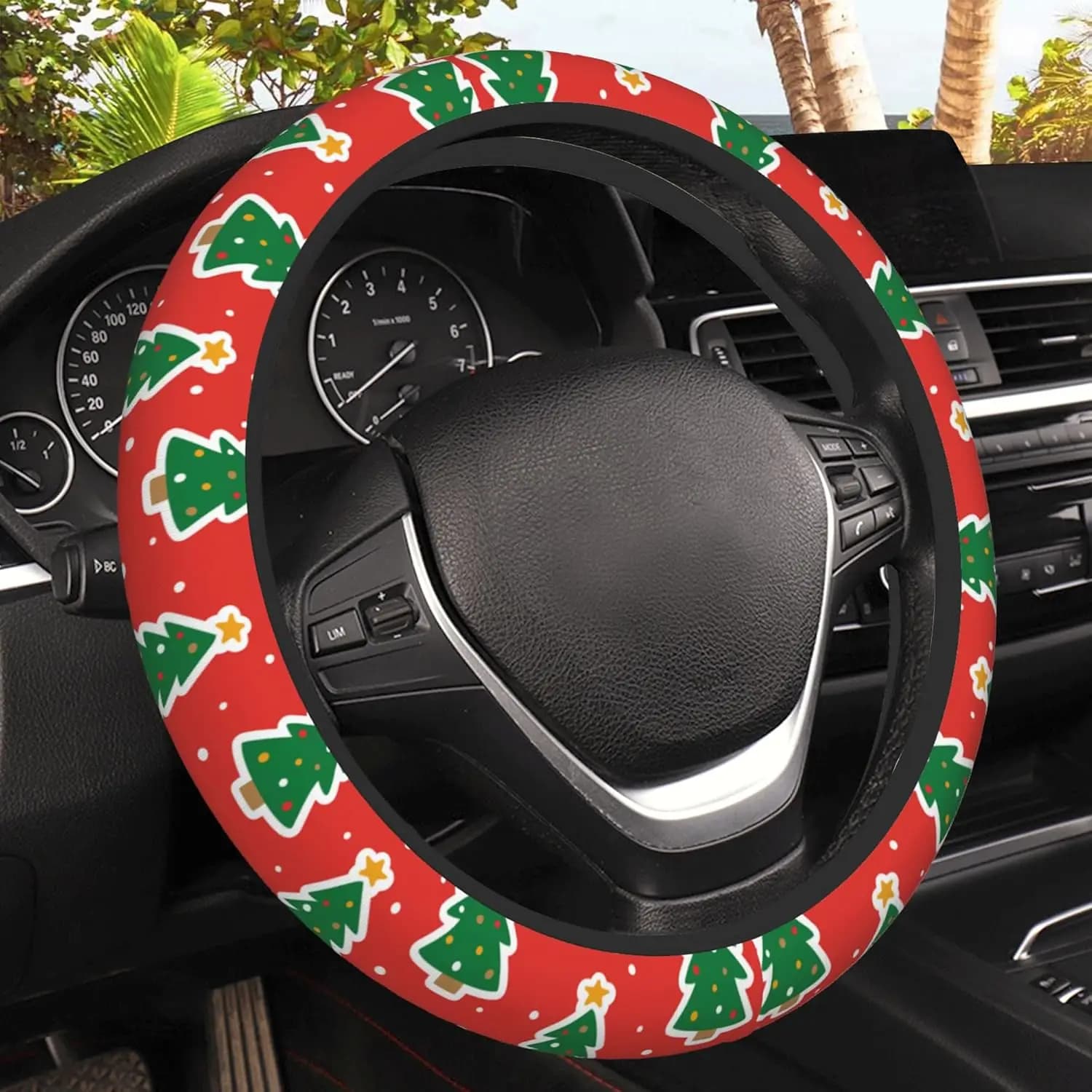 Cartoon Christmas Tree Cover, anti-slip elastic protection for steering wheel, automatic interior decoration for women and girls