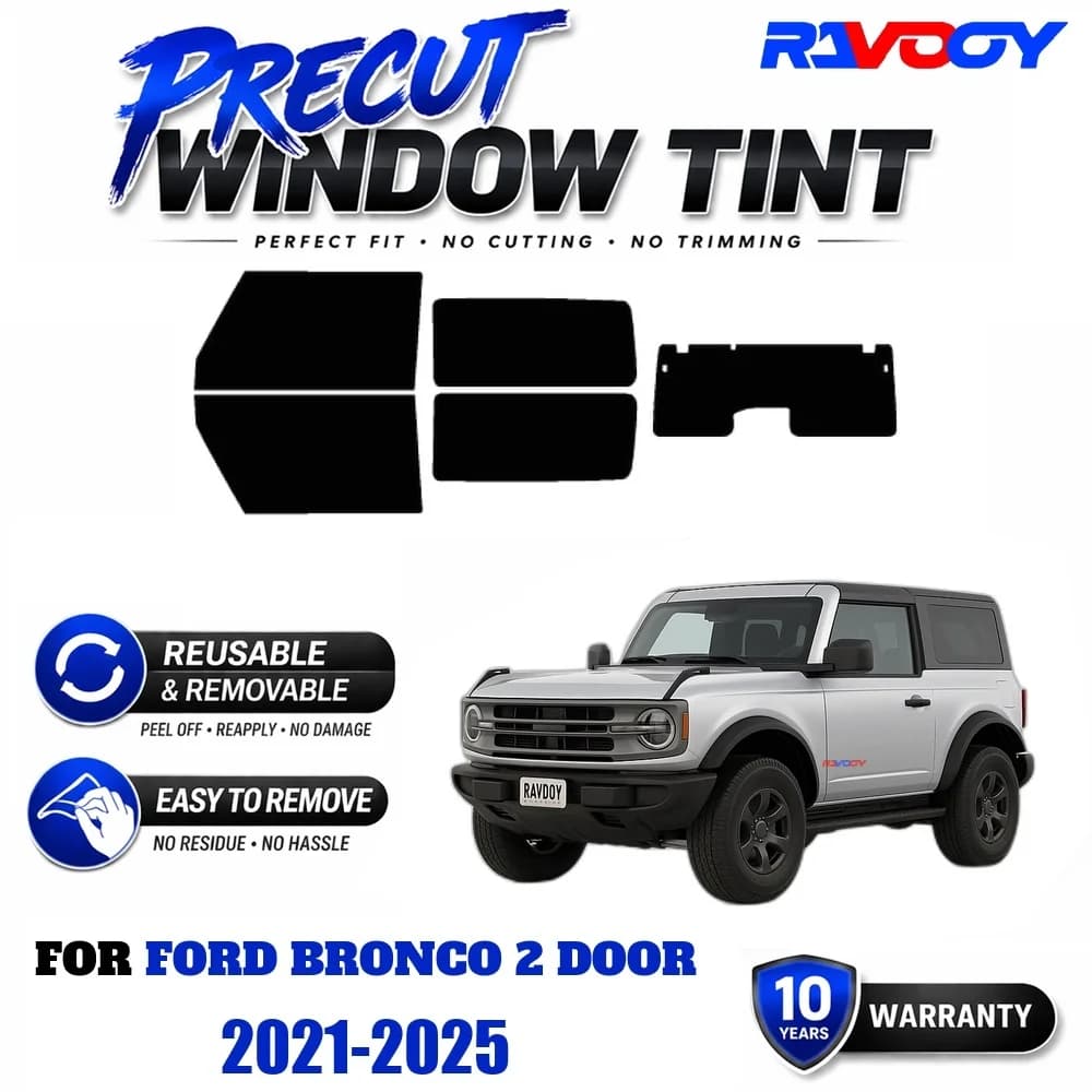 RAVOOY Precut Window Tint, Reusable Removable EPU Film, Custom Fit for Ford Bronco 2 Door 2021-2025, UV Heat Protection