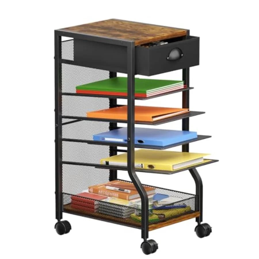 Carrello Portadocumenti a 6 Ripiani con Cassetto, Organizzatore da Scrivania con Vassoi Scorrevoli per Documenti, Portadocumenti con Ruote