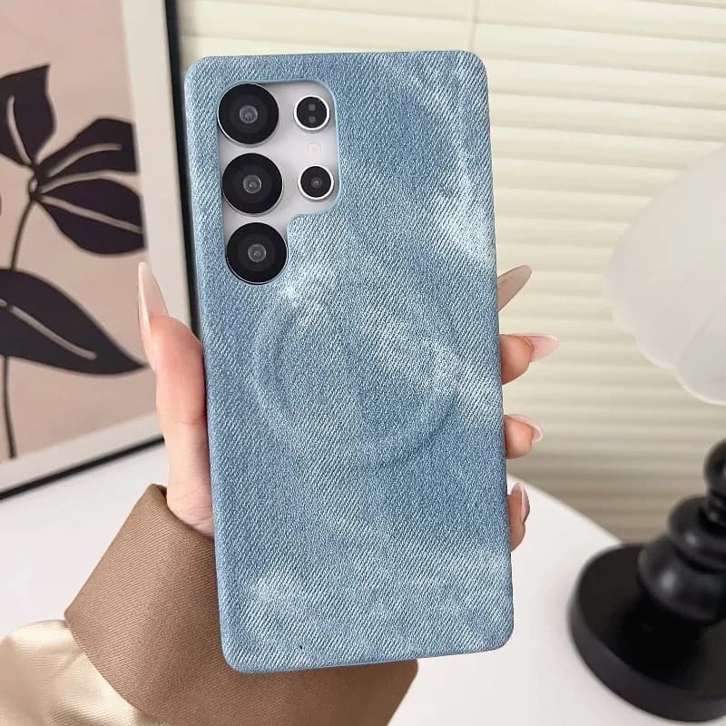Custodia Magnetica per Telefono con Texture Jeans in Denim per Samsung Galaxy S26 S25 S24 S23 Ultra S26Ultra S25U, Cover Antiurto MagSafe