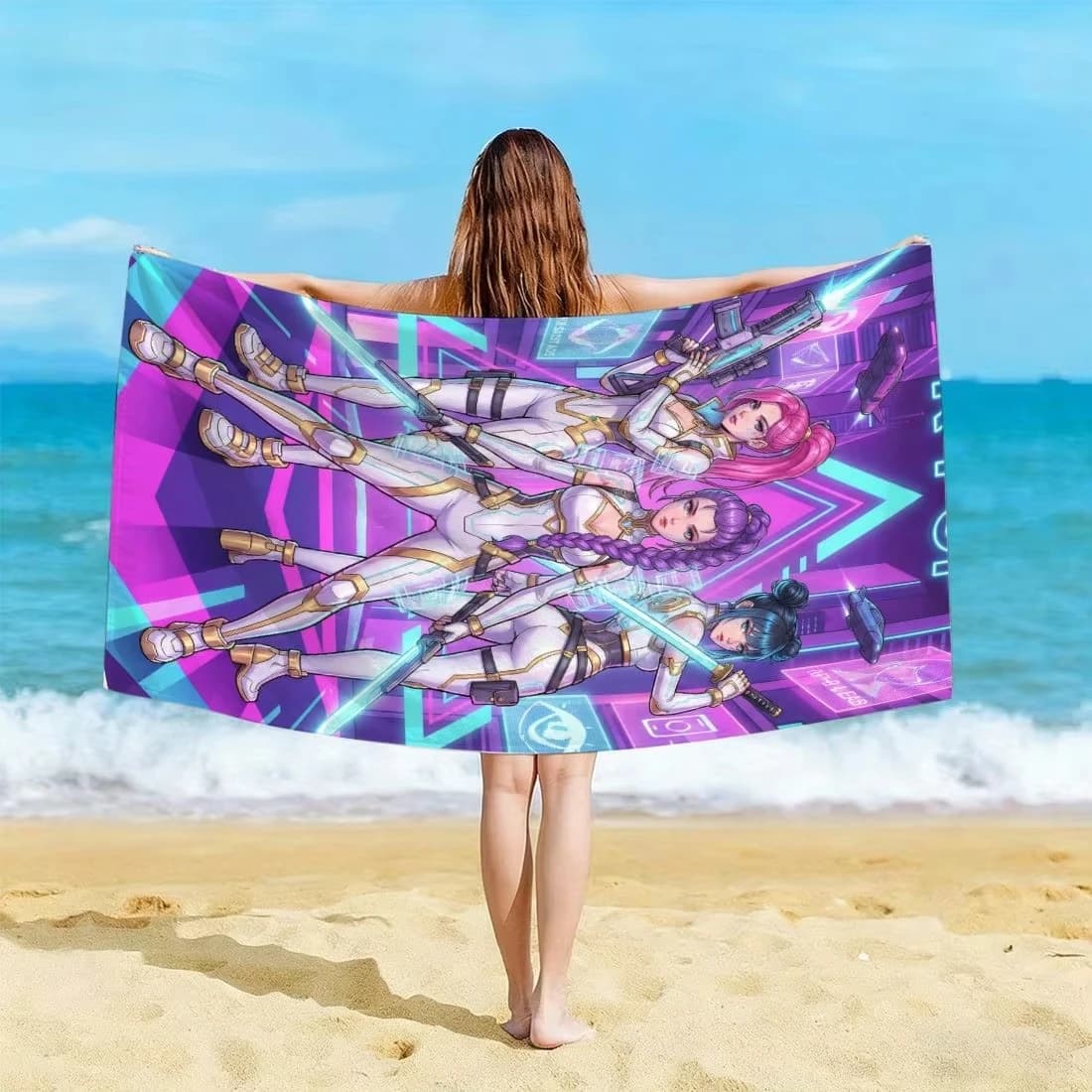 K-POP Cyberpunk Anime Beach Towel,Microfiber Soft Absorbent Quick Dry,Oversized for Beach Pool Travel, Neon Purple Bath Towel