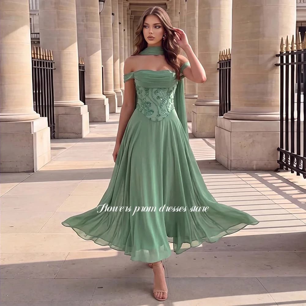 Flowers Green Evening Dress with Scarf Tea Length Prom Dress A Line Beading Princess Dress vestidos de fiesta Customized