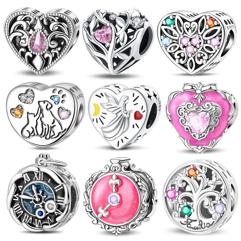 New Vintage Clock And Heart Shape Pendants 925 Silver Charm Bead Fit 3mm Original Bracelet Necklace Womens DIY Fine Jewelry Gift