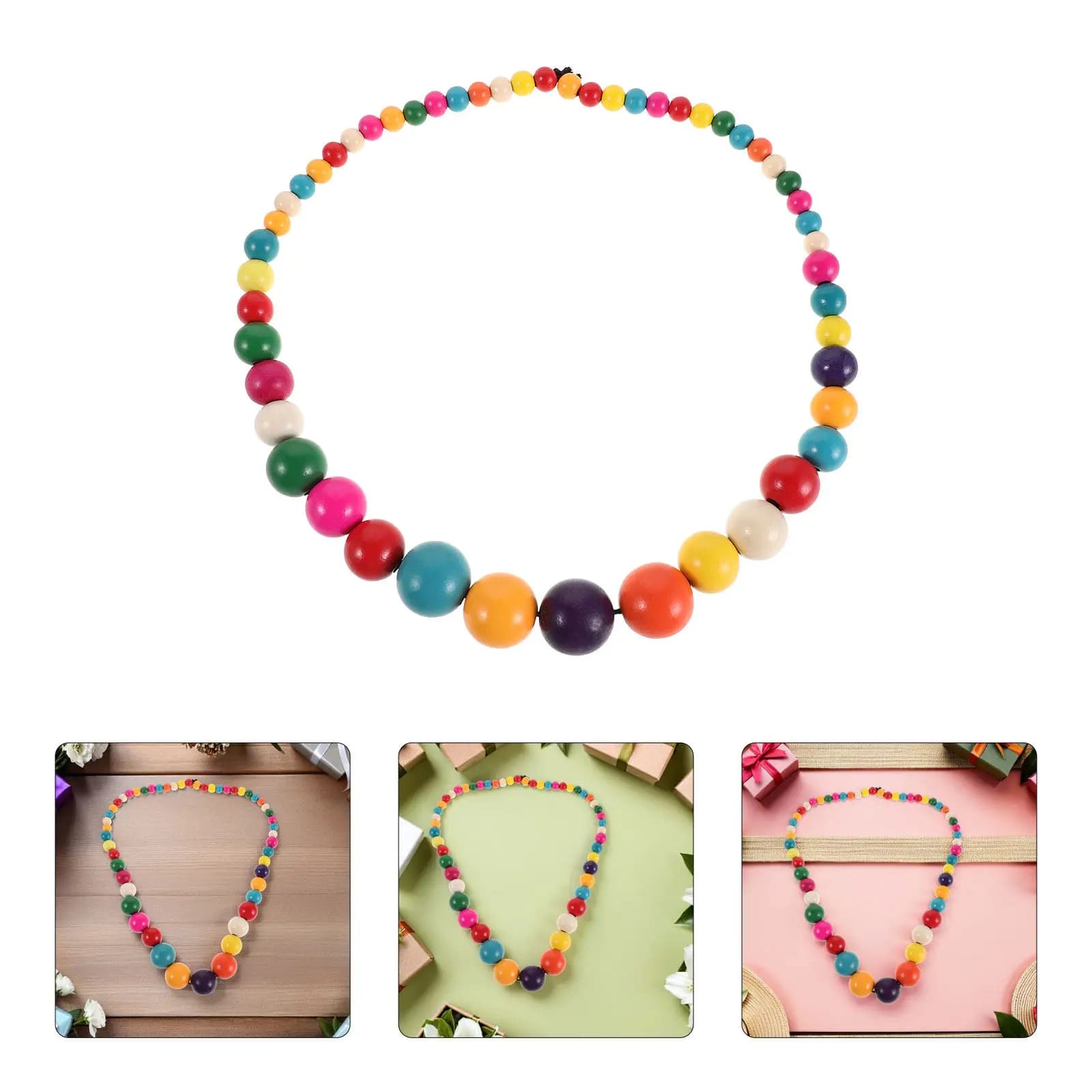 Bohemien Necklace with Women's Solid Wood Beads, Long with Pendant, Colored, Gioiello Statement Summer by Beach, Boho Massiccia Necklace