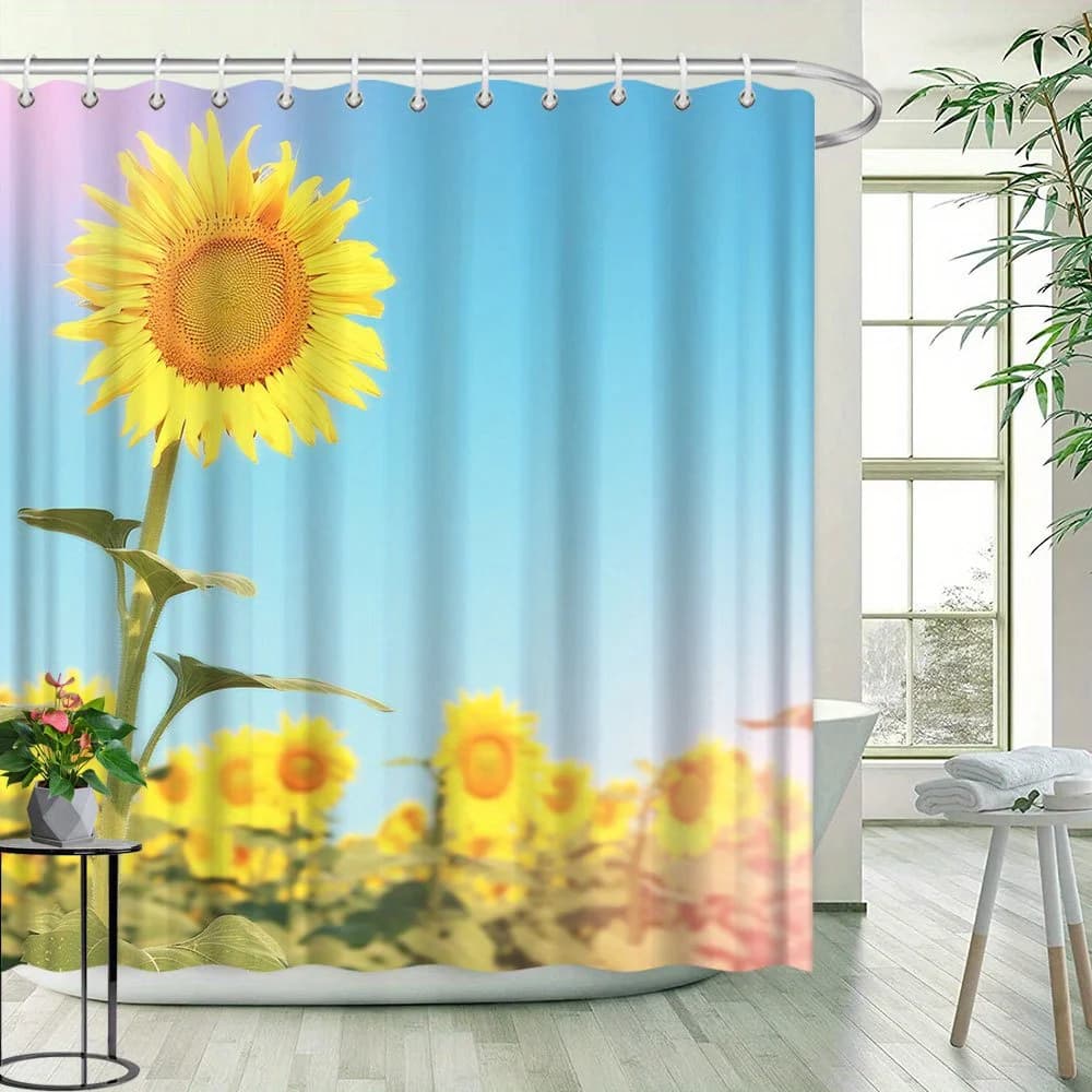 1 pezzo di tenda da doccia girasole modello sole luminoso paesaggio floreale decorazione del bagno tessuto in poliestere contiene 12 ganci