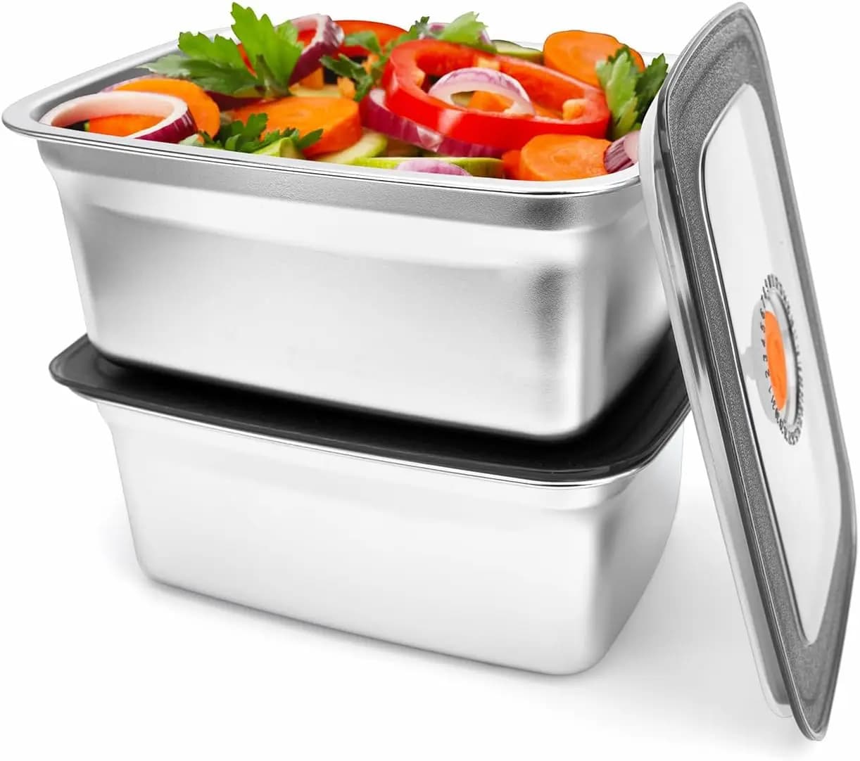2 Contenitori per Alimenti in Acciaio Inossidabile con Coperchi, Ermetici e Anti-perdita, 1,5 L per Preparazione Pasti, Adatti al Congelatore