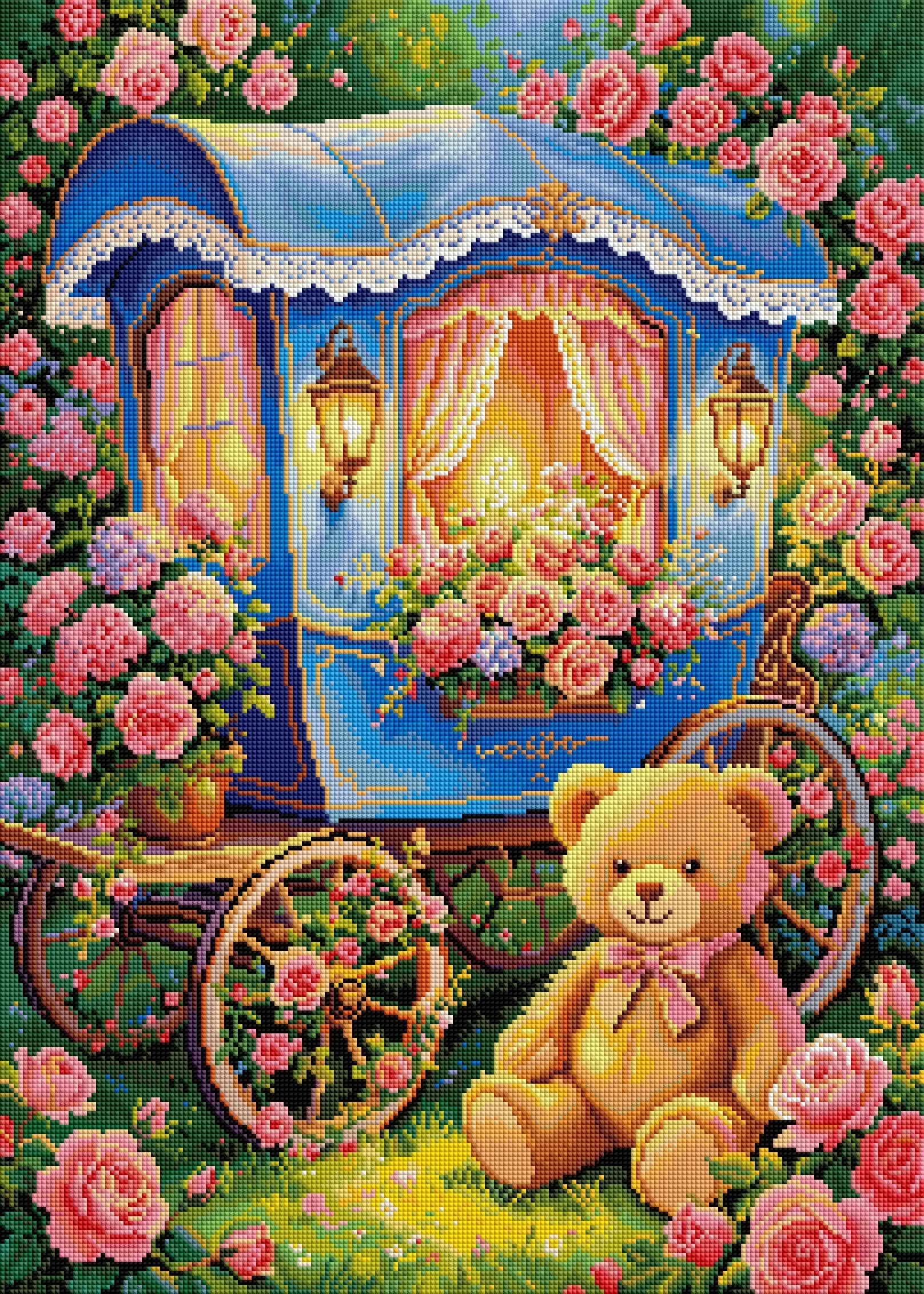 FOREVERYOUNG 5D Diamond Painting Kit Bear & Flower Car 50×70cm Square AB Fairy Dust Drill Romantic Garden Teddy Wall Art Decor.