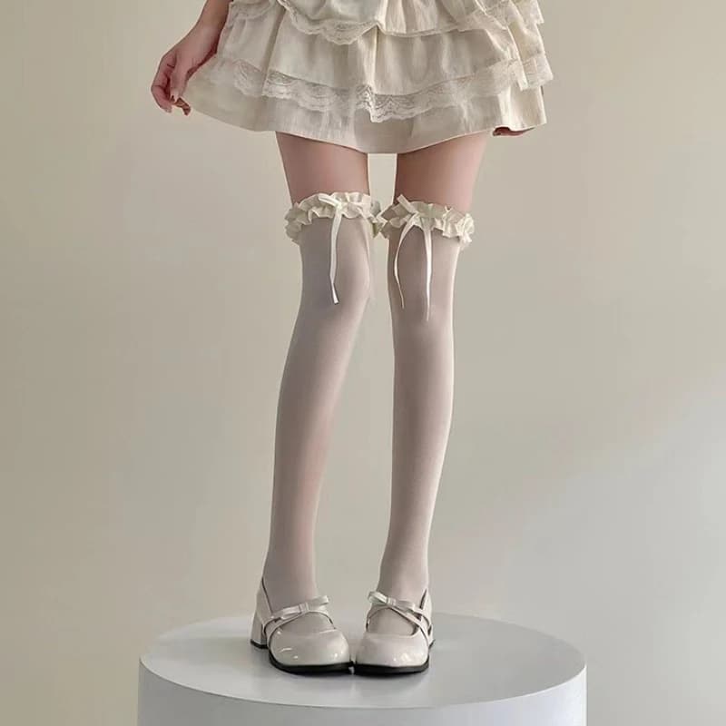 Calzini lunghi da donna in pizzo nero bianco con volant Calze dolci da donna per ragazze JK Lolita Leggings in pizzo di nylon sopra il ginocchio Calze con fiocco