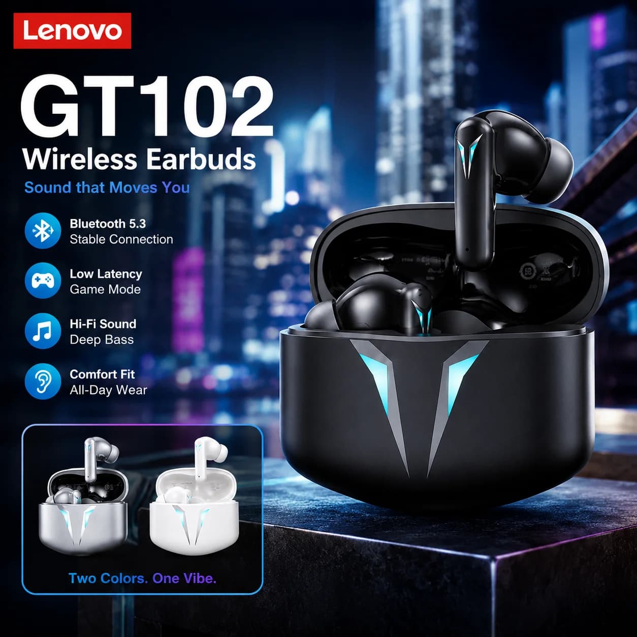 New Lenovo GT102 Gaming Headset Bluetooth 6.0 Wireless Earphone Low Latency Noise Reduction Esport Headphone 30H Battery Life