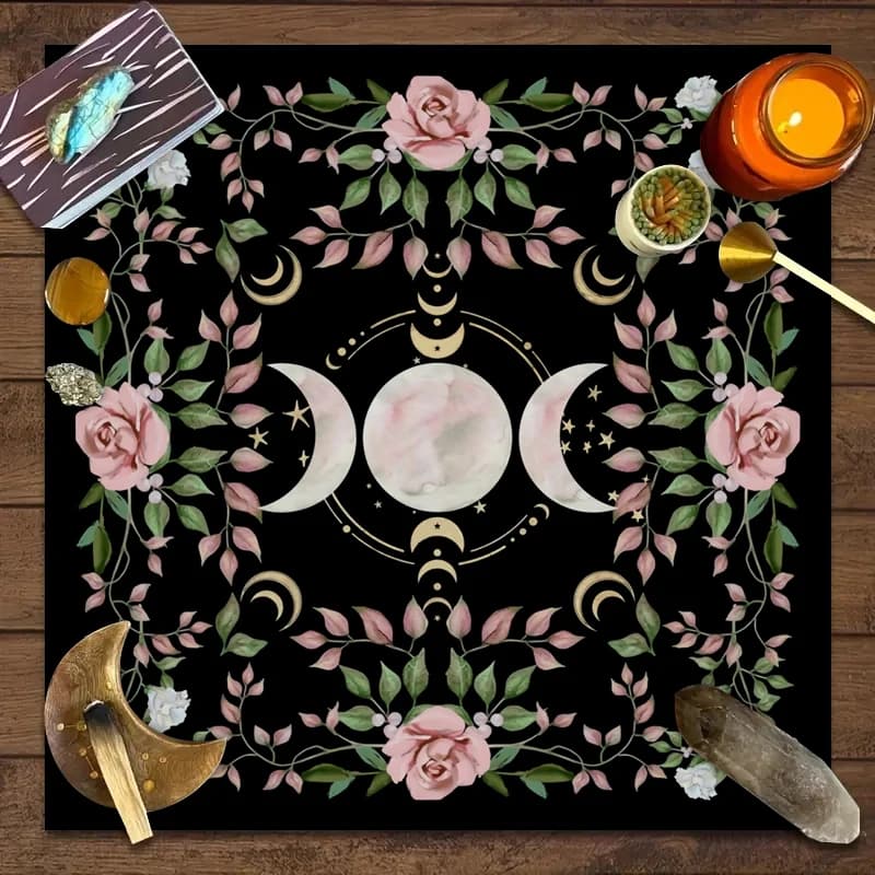 1 pezzo, panno per altare con fiori e piante a tripla luna, panno per altare, tovaglia per carte dei tarocchi, decorazione per tappetino per carte dei tarocchi Huaweika Teach